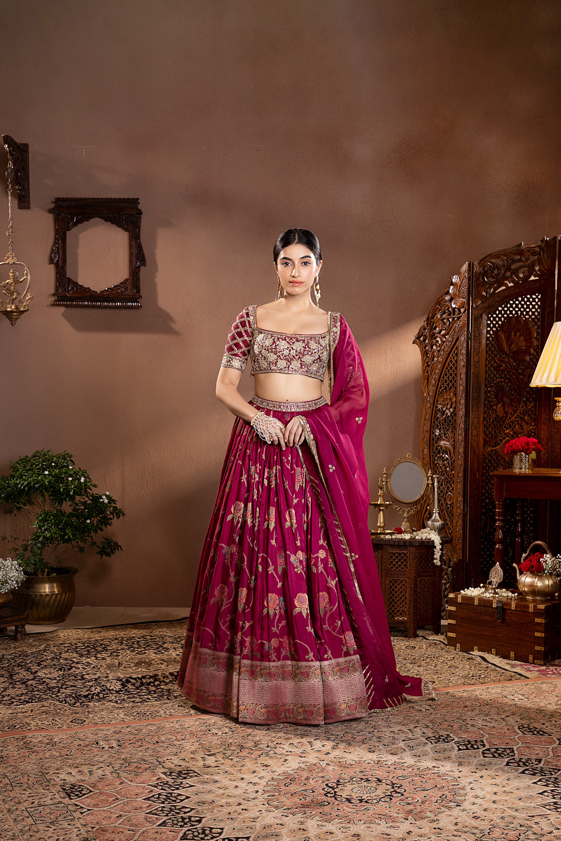 Wine Mina Zair Banarasi Silk Embroidered Lehenga