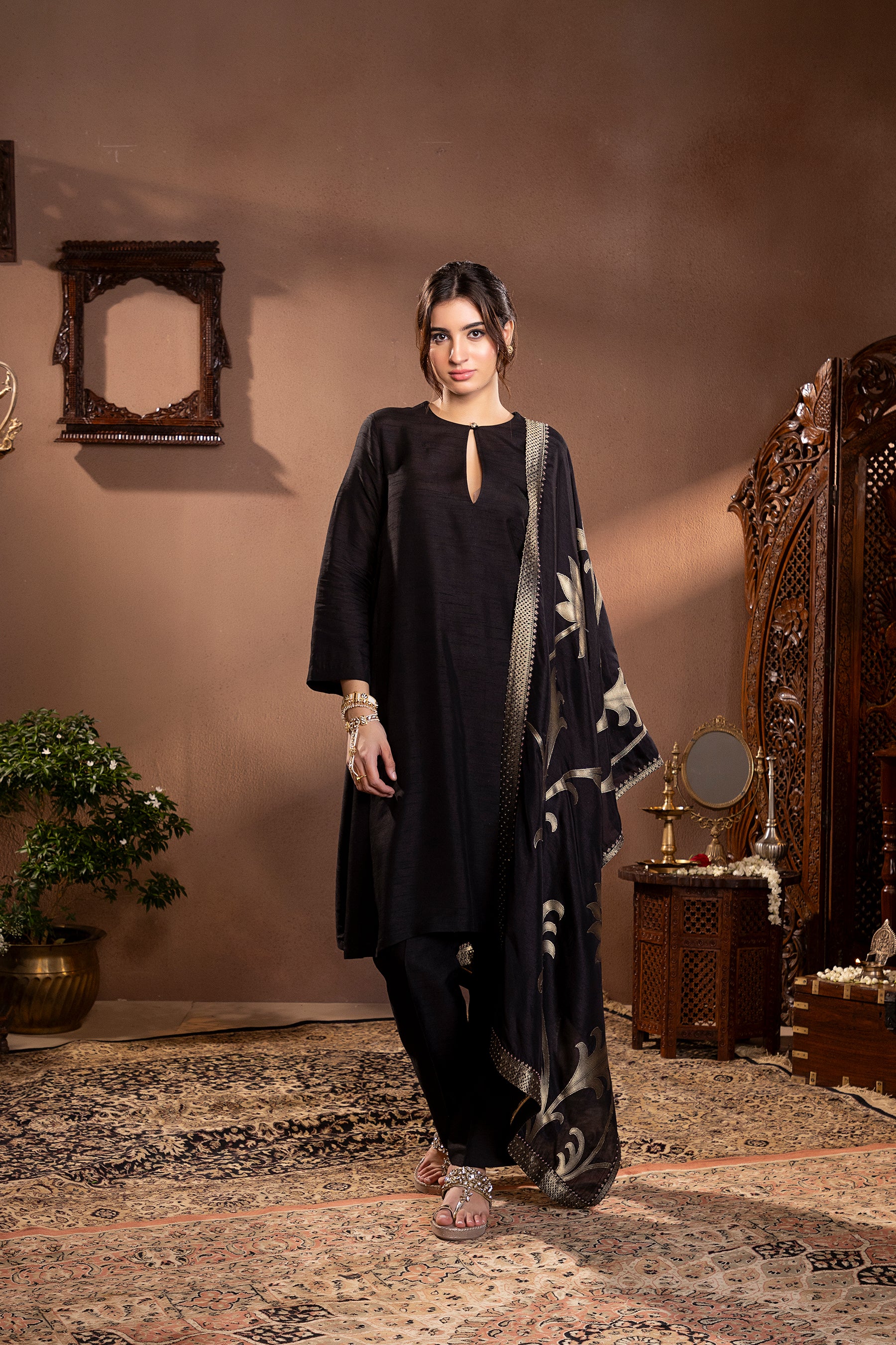 Black Munga Silk Floral Kurta Set