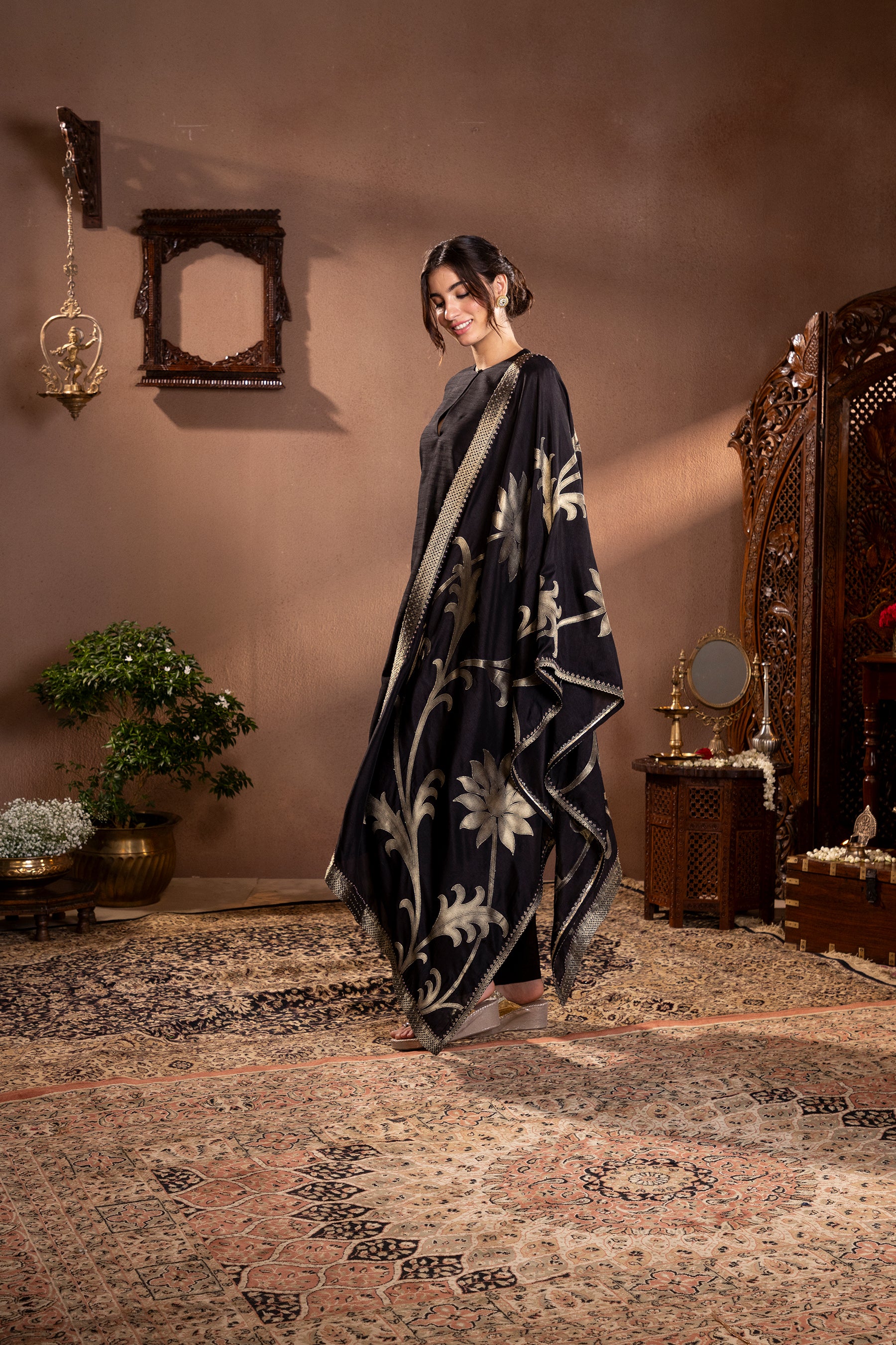 Black Munga Silk Floral Kurta Set