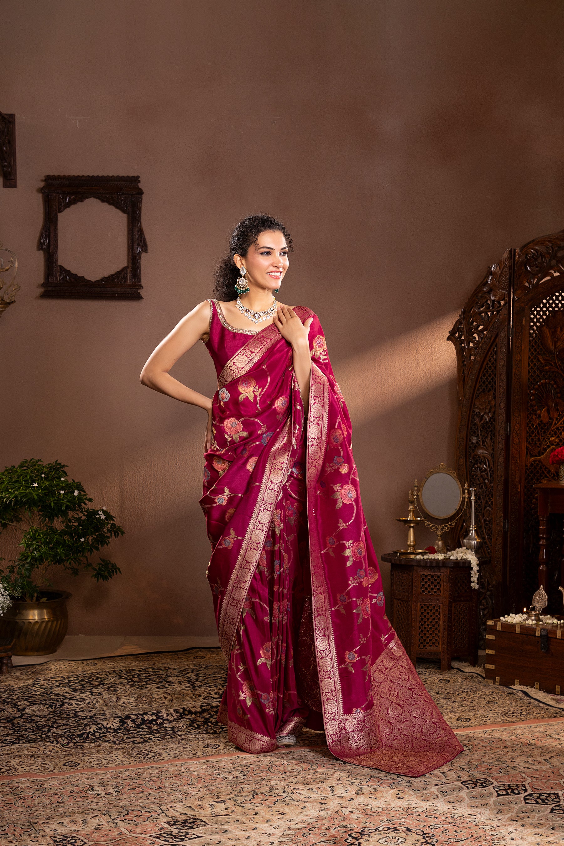 Wine Mina Zair Banarasi Silk Saree