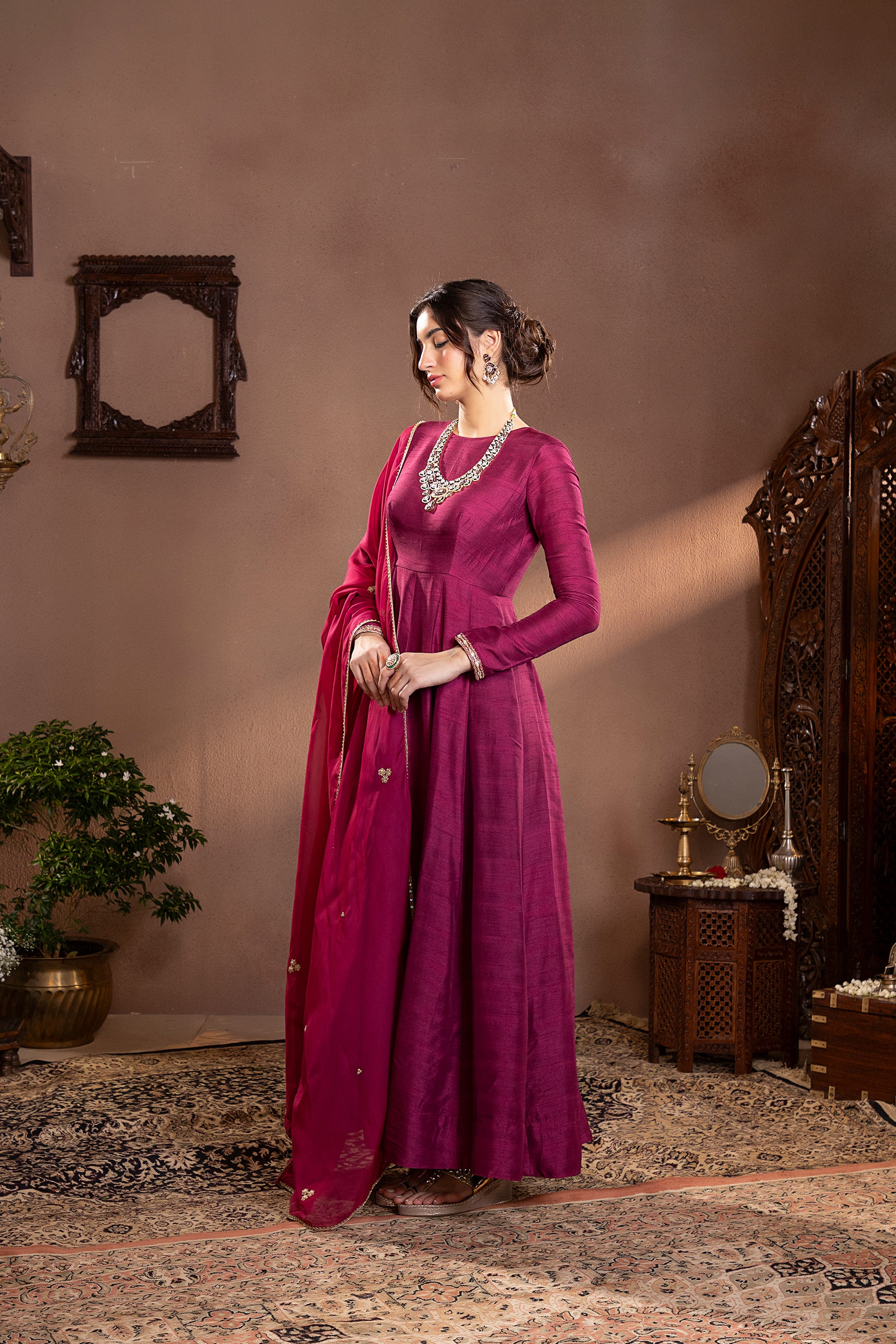 Wine Munga Silk Anarkali Set