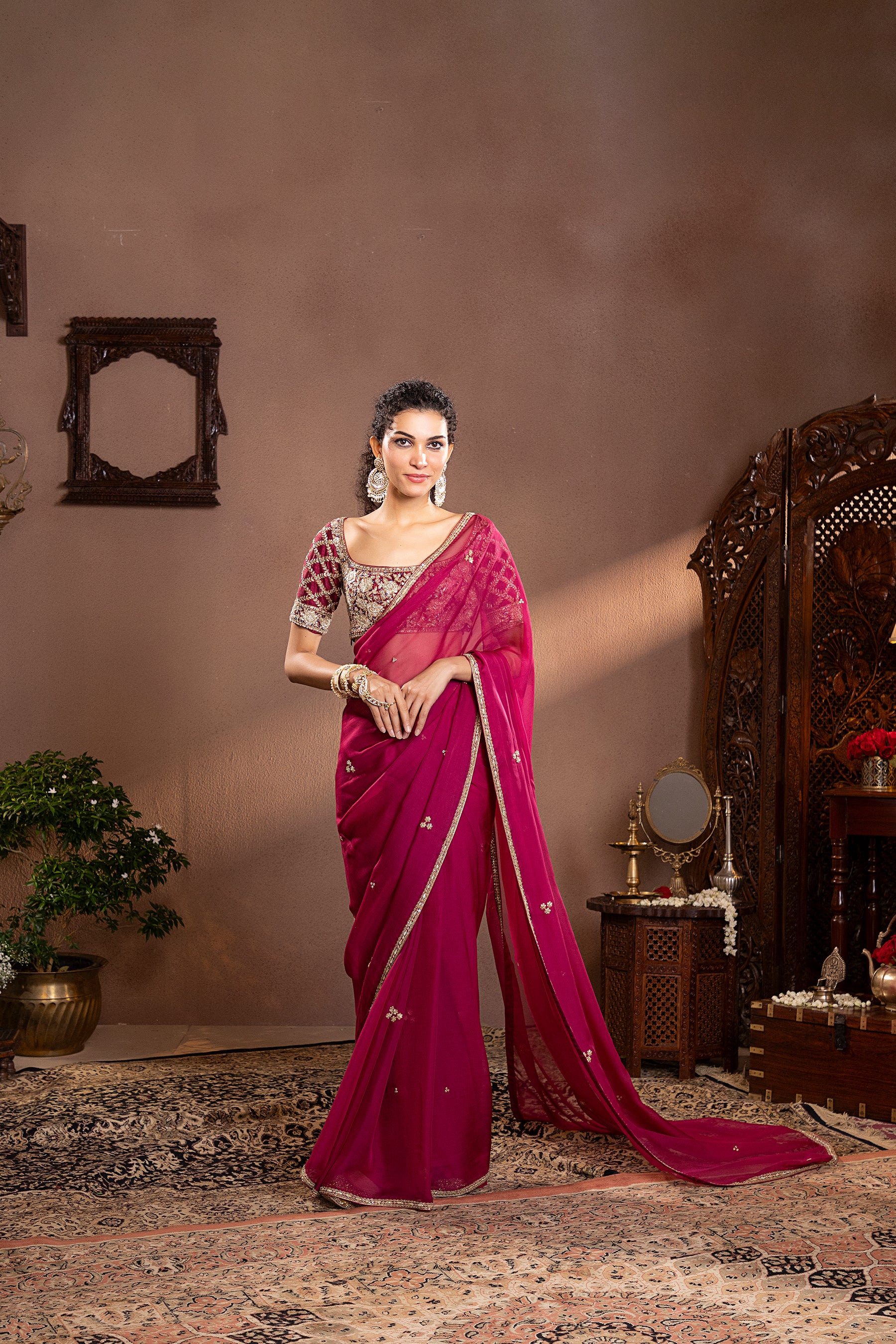 Wine Organza Embroidered Saree