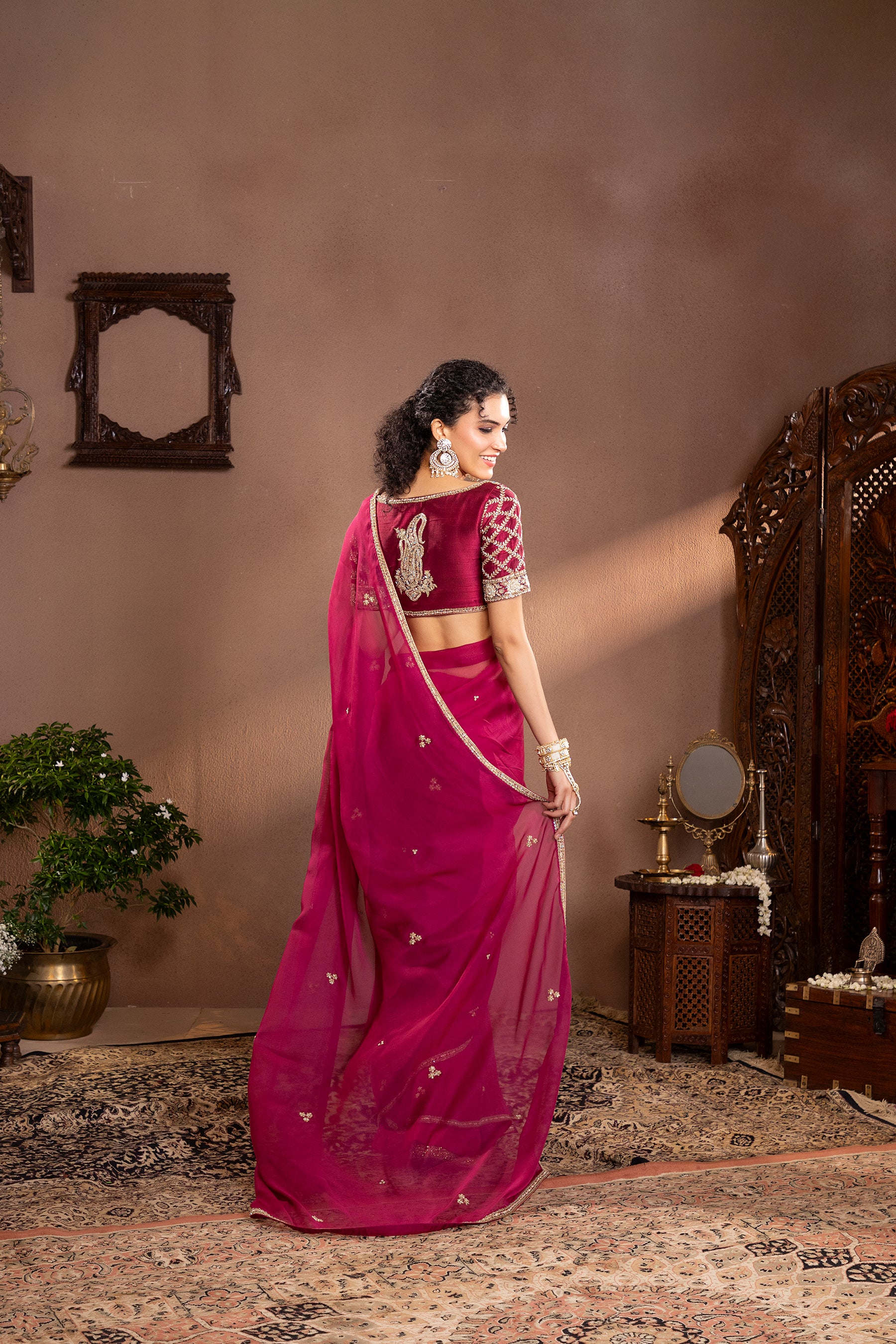 Wine Organza Embroidered Saree