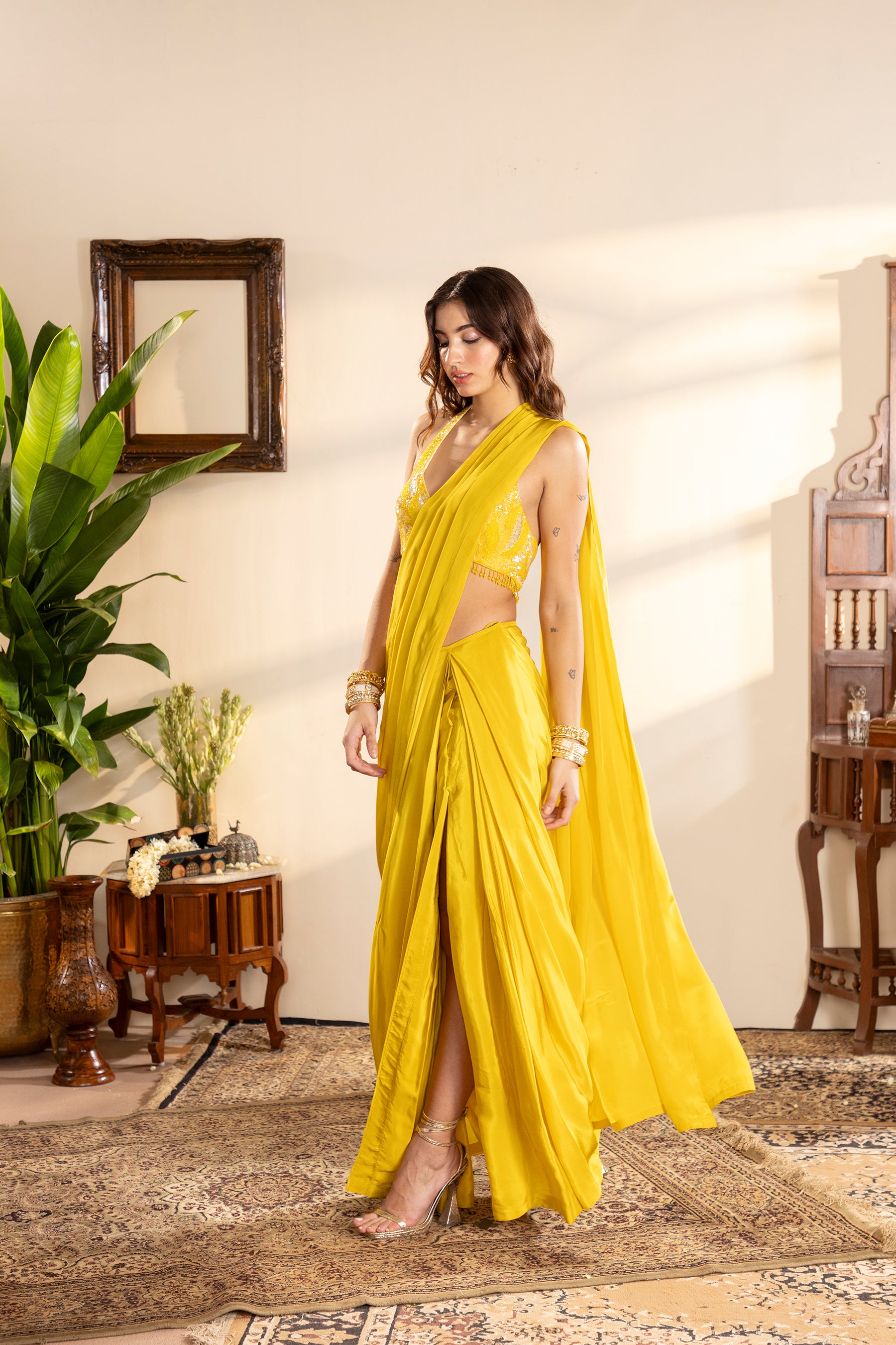Electric Yellow Crepe Pre-Draped Saree