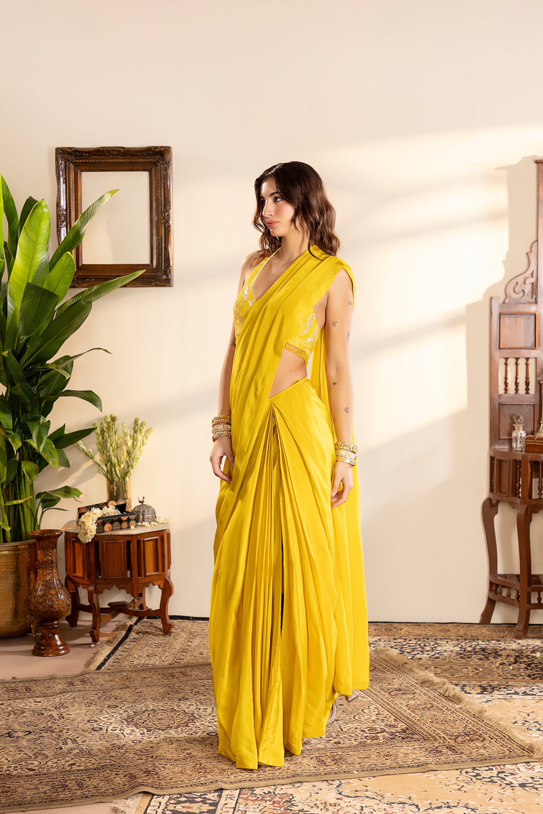Electric Yellow Crepe Pre-Draped Saree