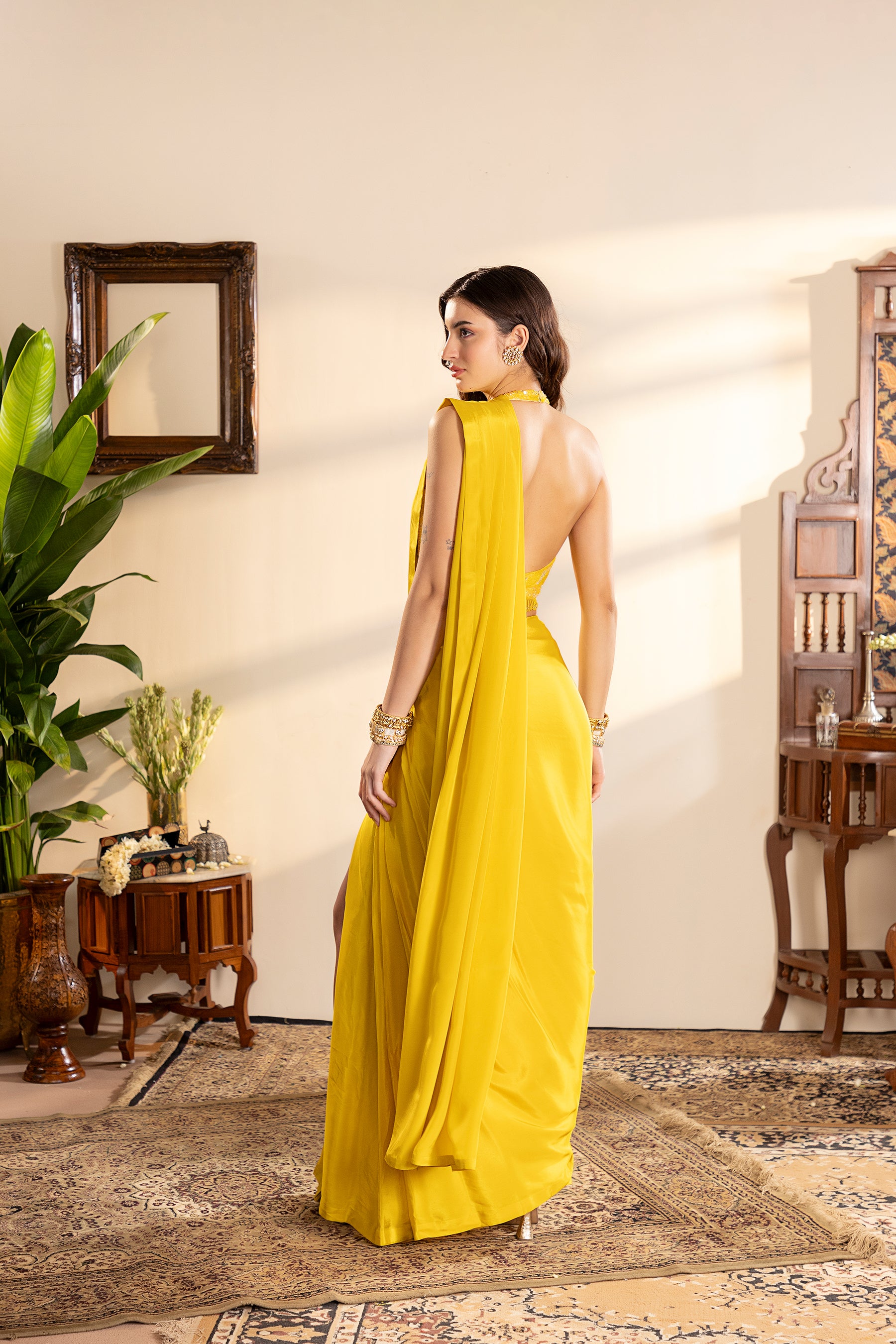 Electric Yellow Crepe Pre-Draped Saree