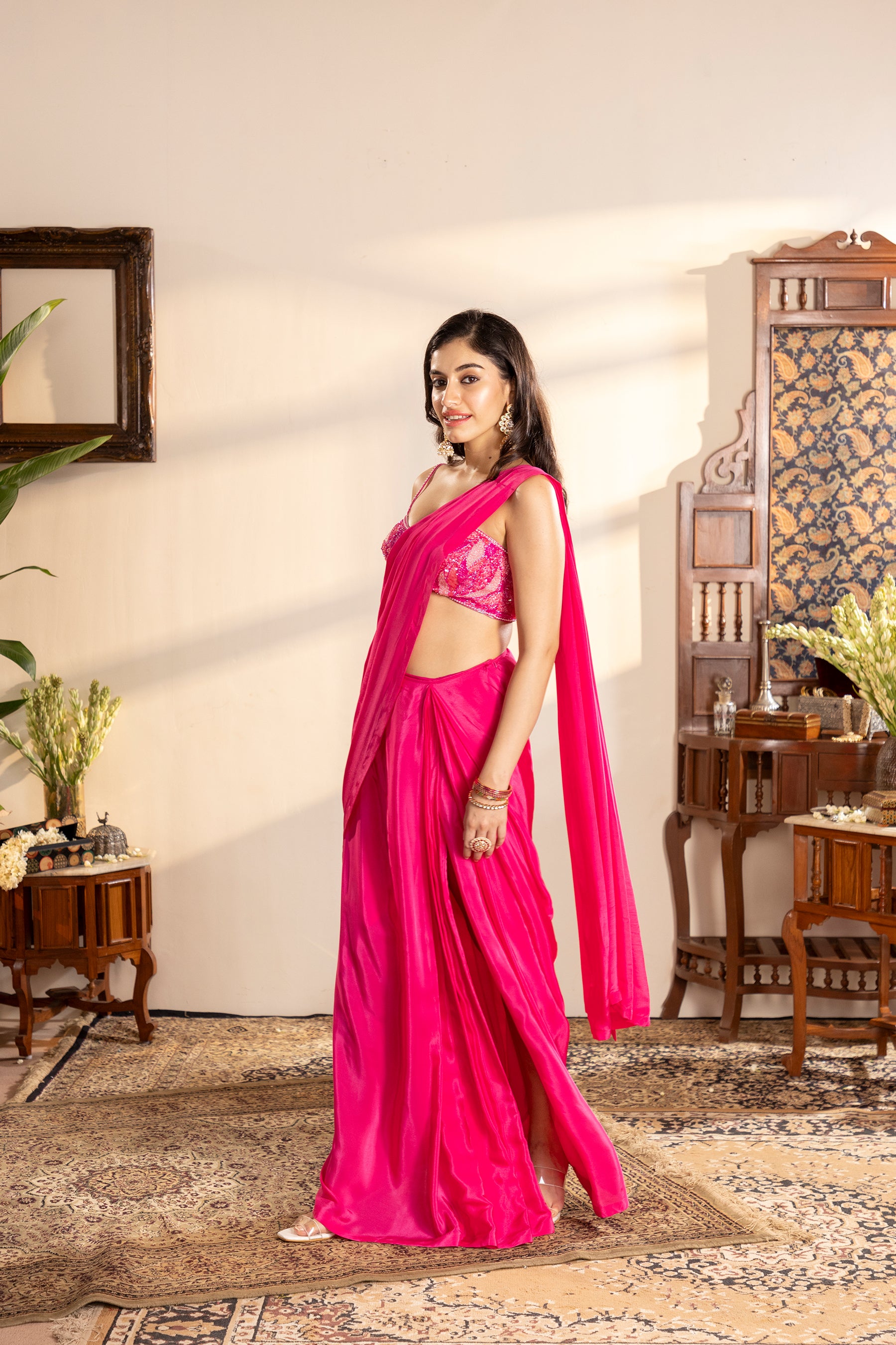 electric pink crepe pre-draped saree