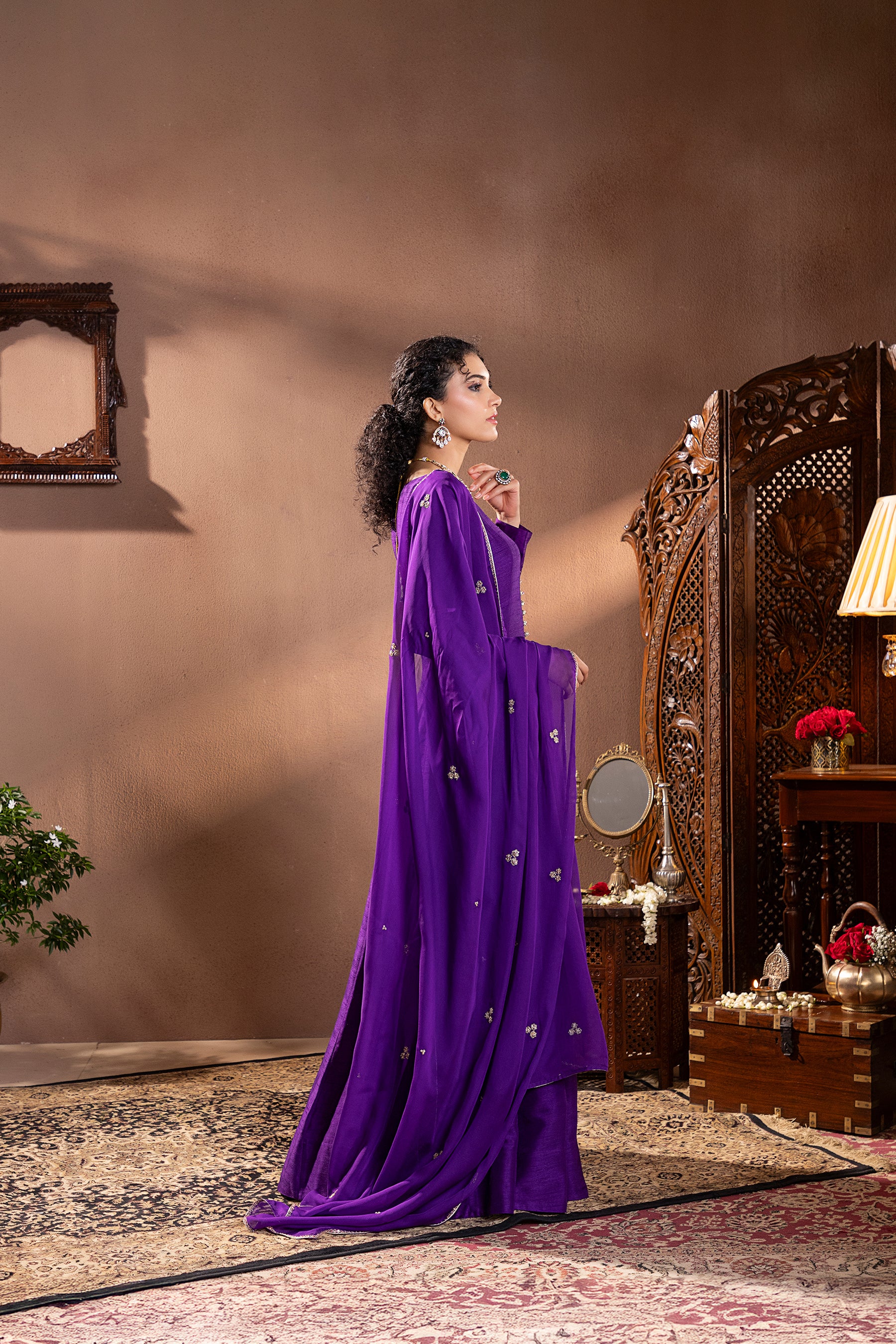 Purple Munga Silk Embroidered Anarkali