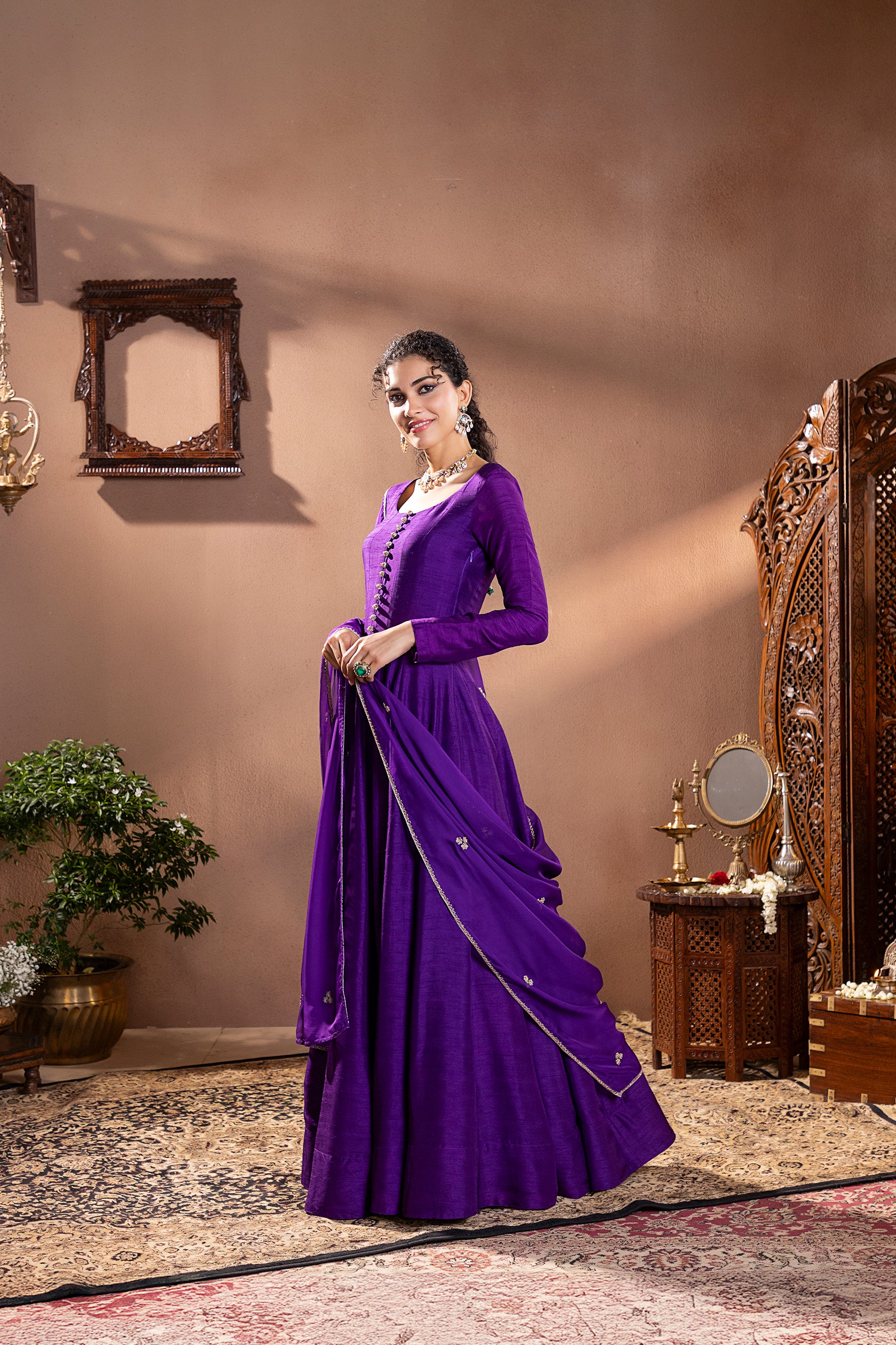 Purple Munga Silk Embroidered Anarkali