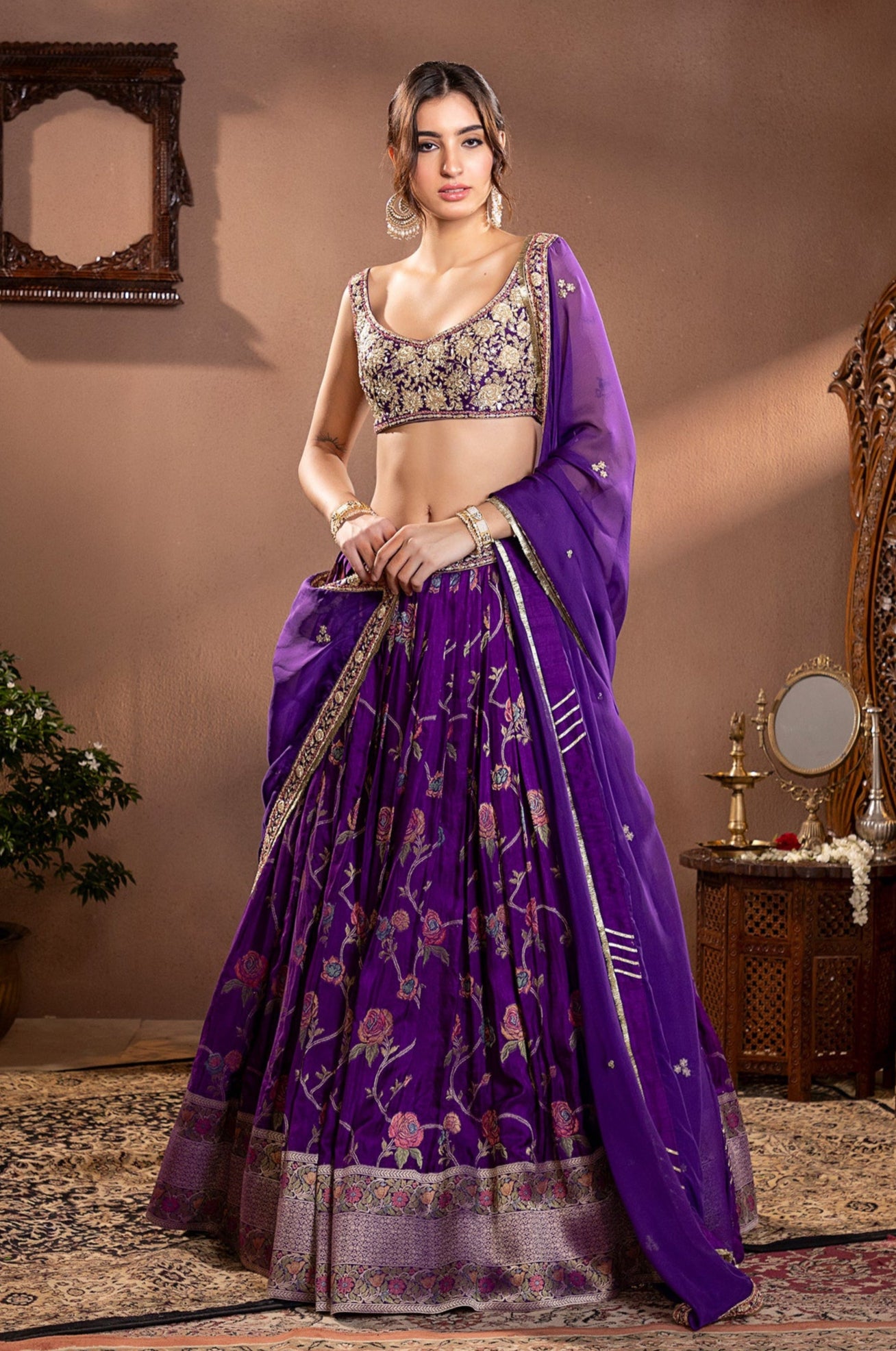 Purple Mina Zari Banarasi Silk Embroidered Lehenga