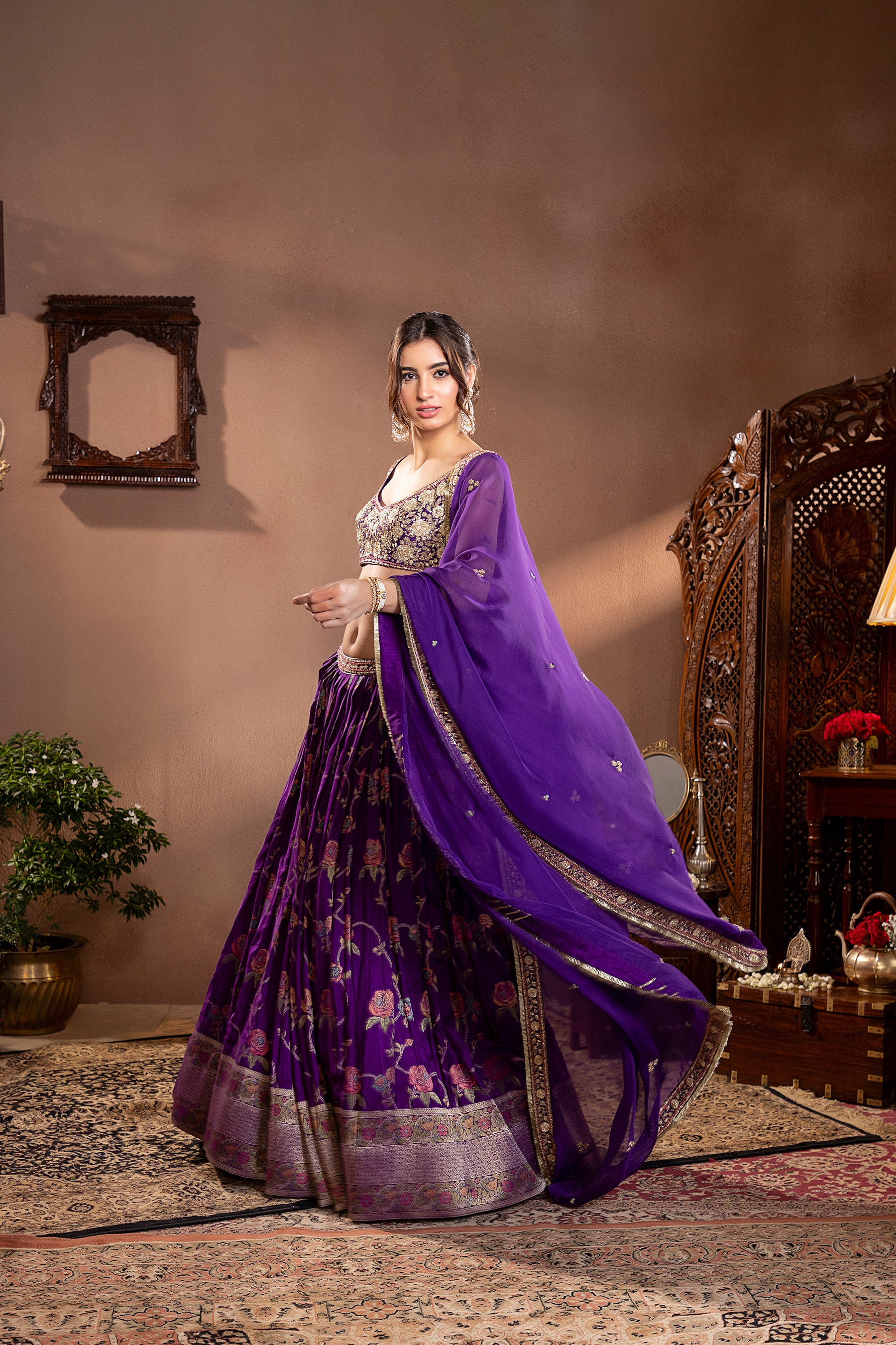 Purple Mina Zari Banarasi Silk Embroidered Lehenga