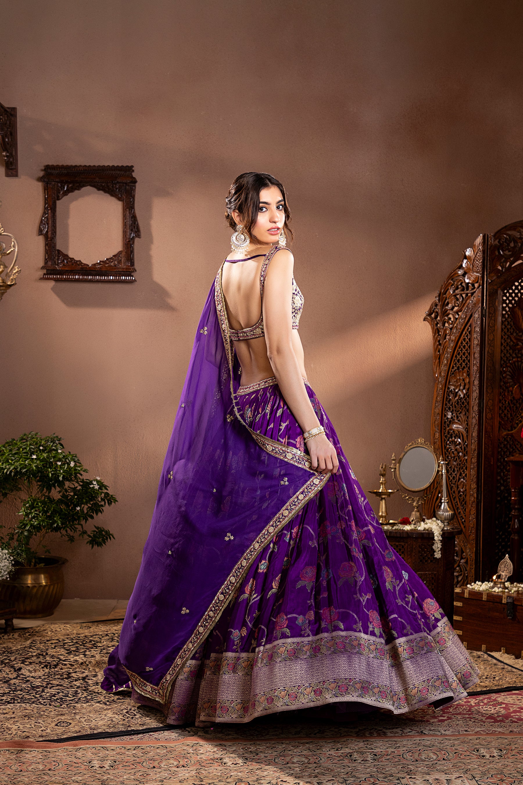 Purple Mina Zari Banarasi Silk Embroidered Lehenga