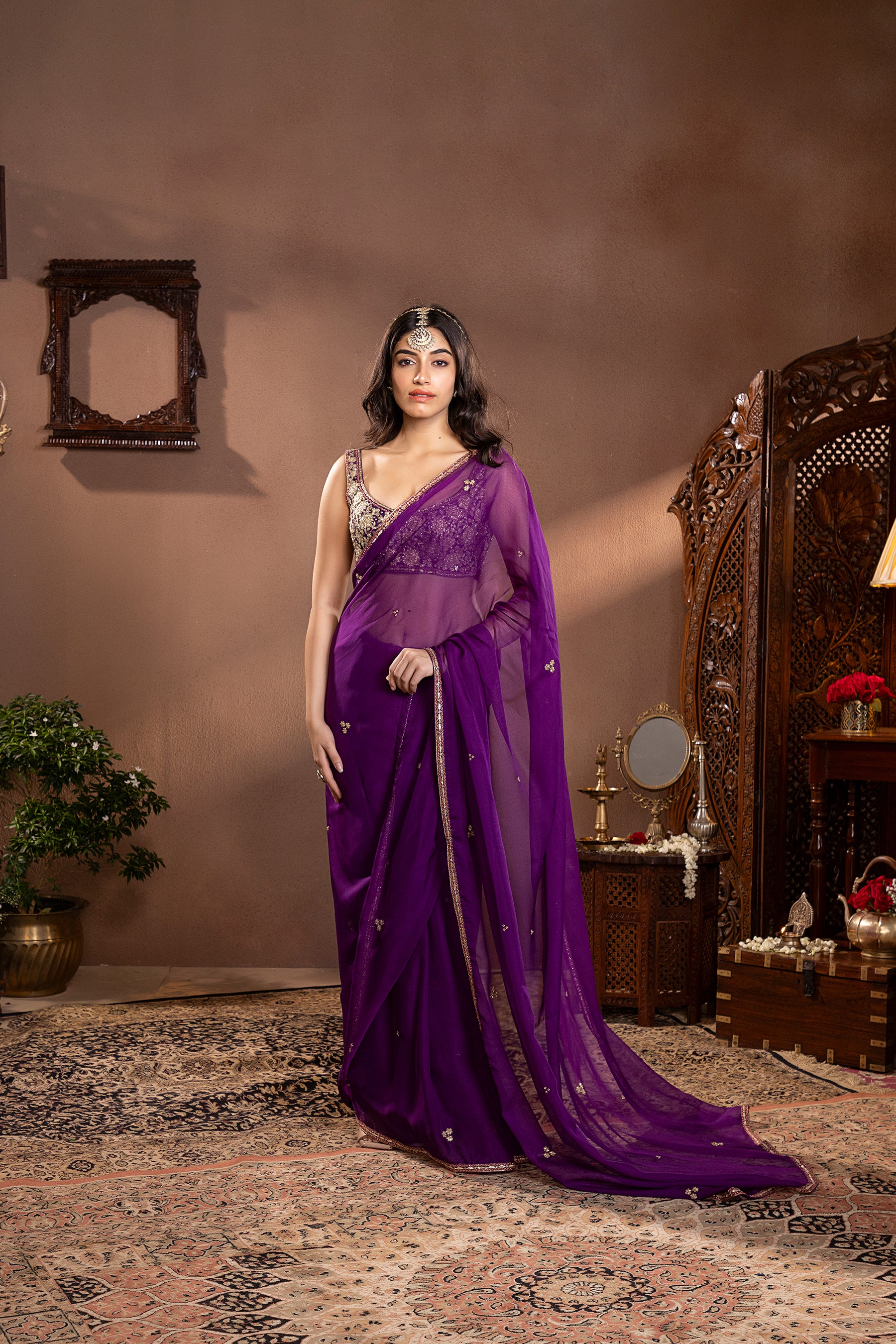 Purple Organza Embroidered Saree