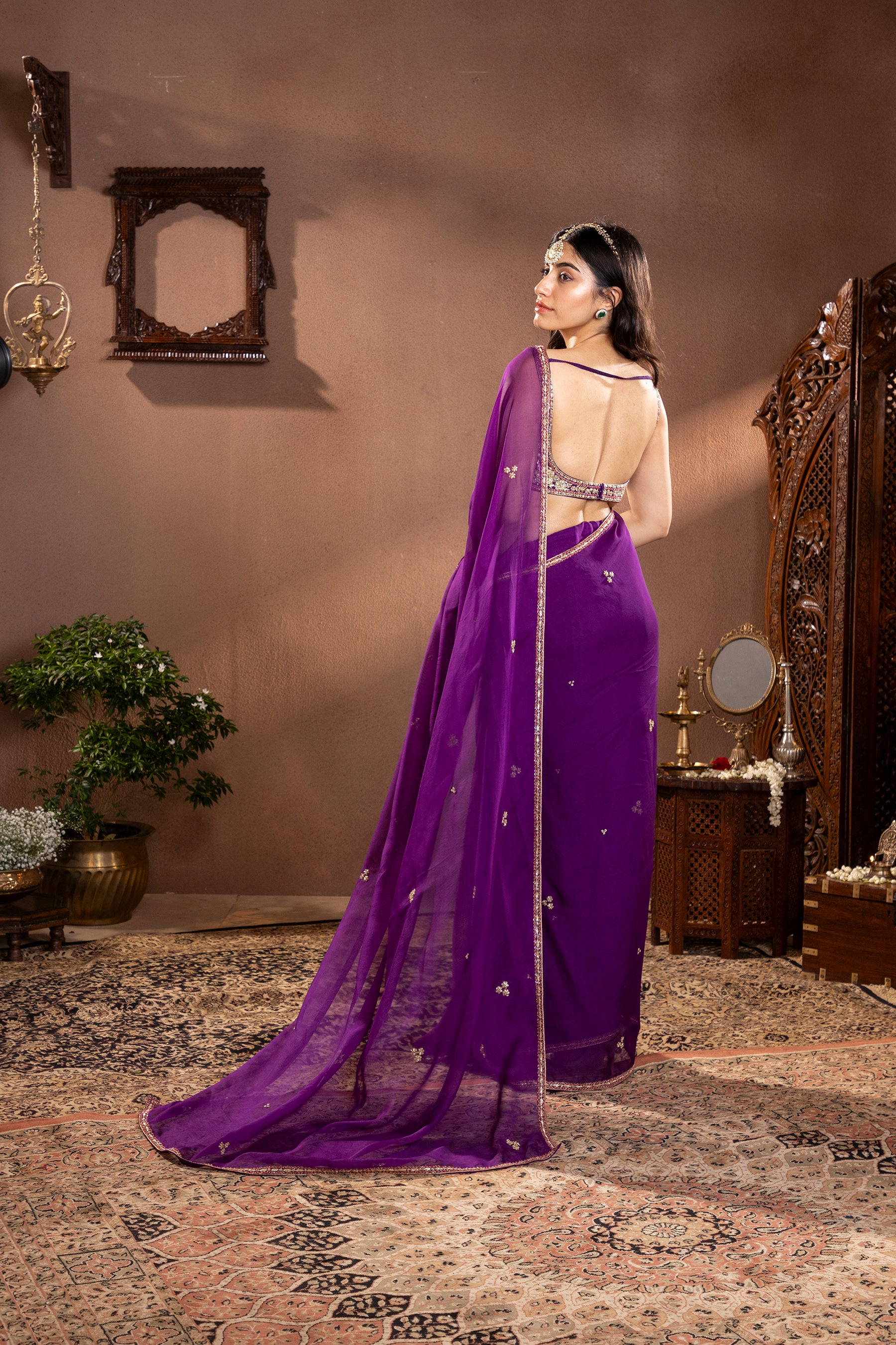 Purple Organza Embroidered Saree