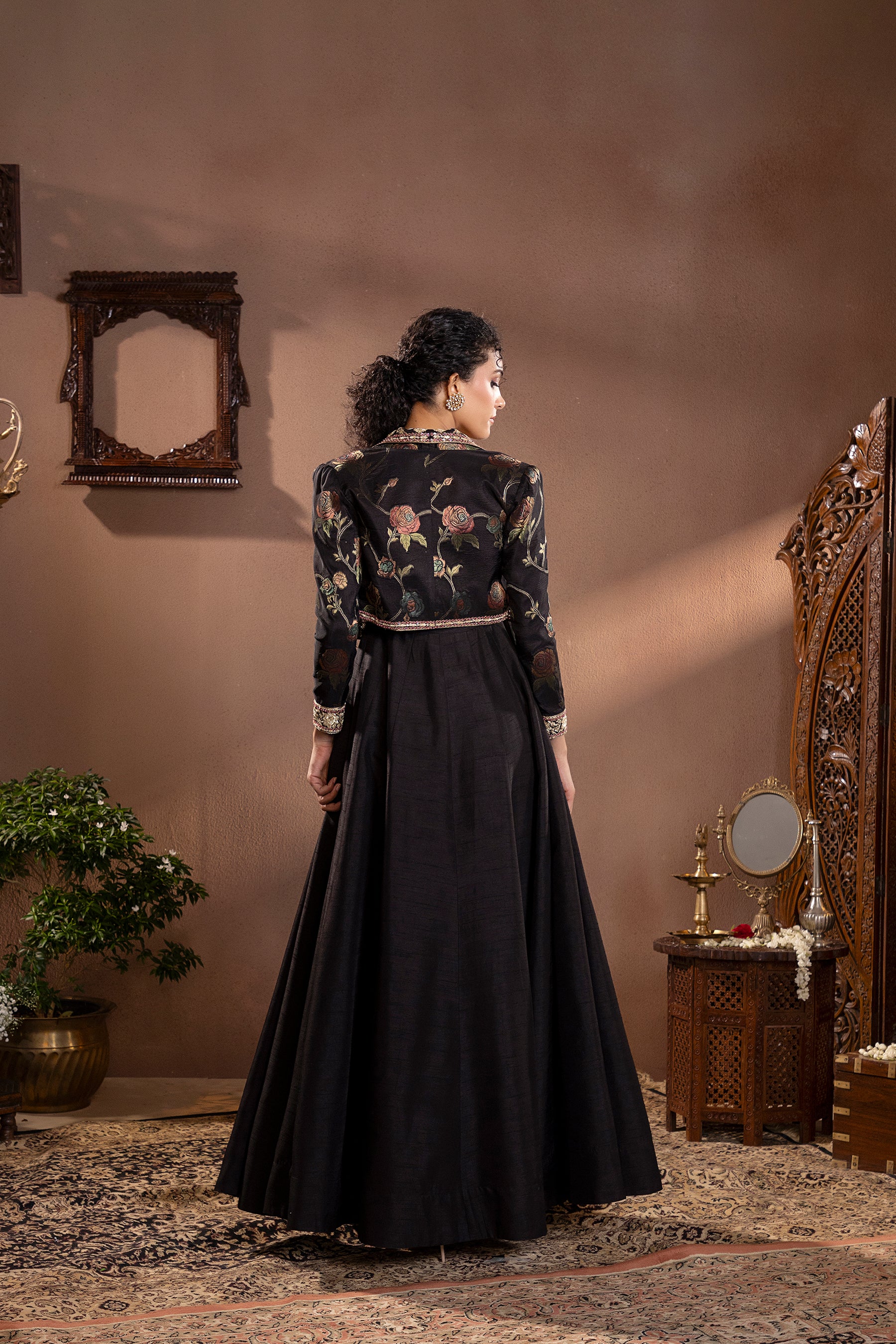 Black Munga Silk Embroidered Anarkali Jacket Set