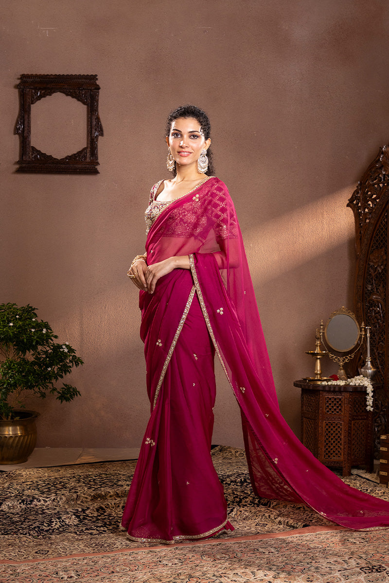 Wine Organza Embroidered Saree