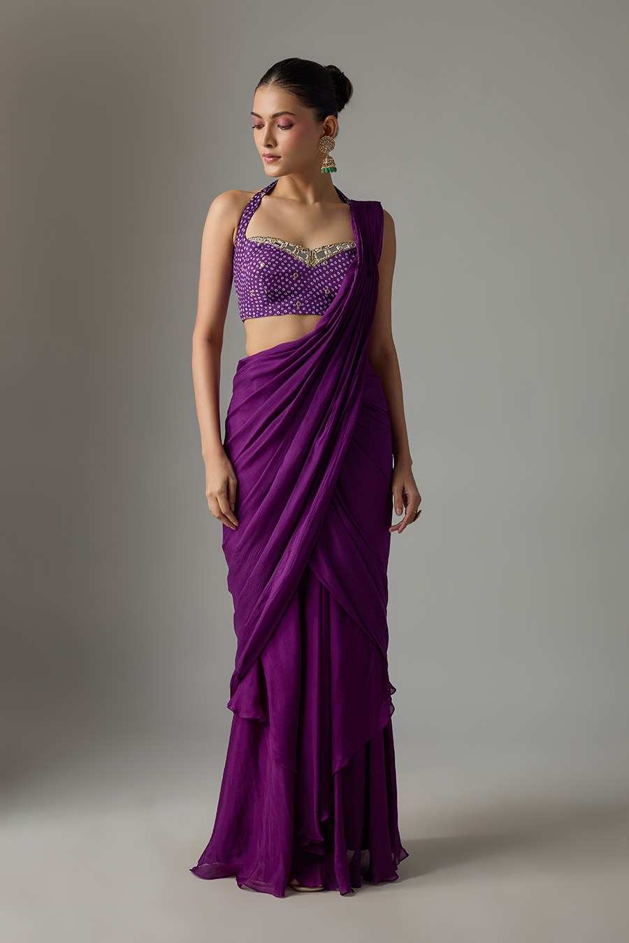 Purple Draped Chinon Saree Set