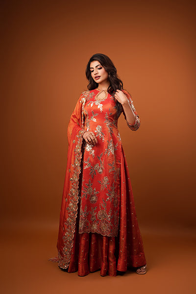 Rust Tissue Embroidered Kurta Set
