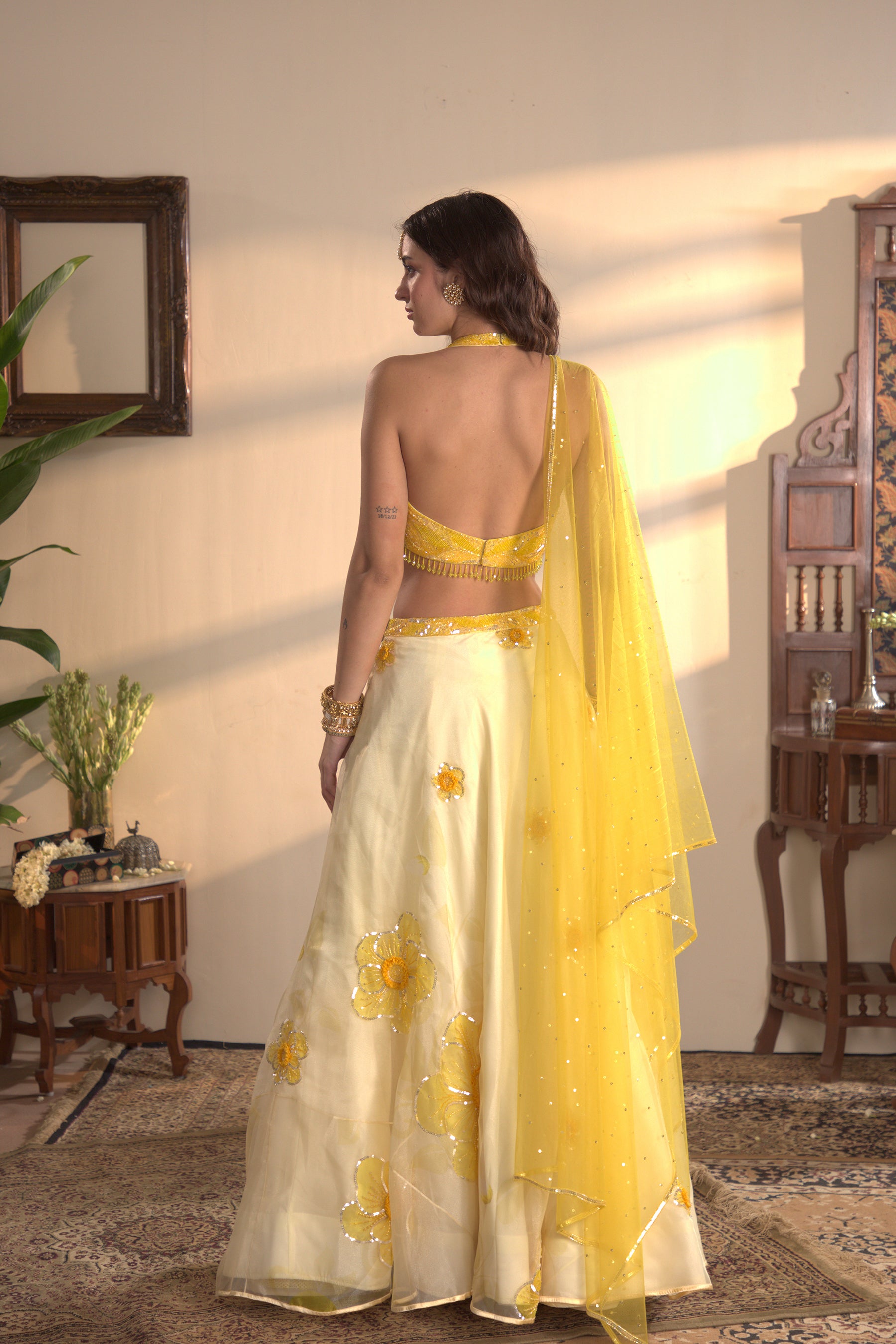 yellow Floral Embroidered Lehenga