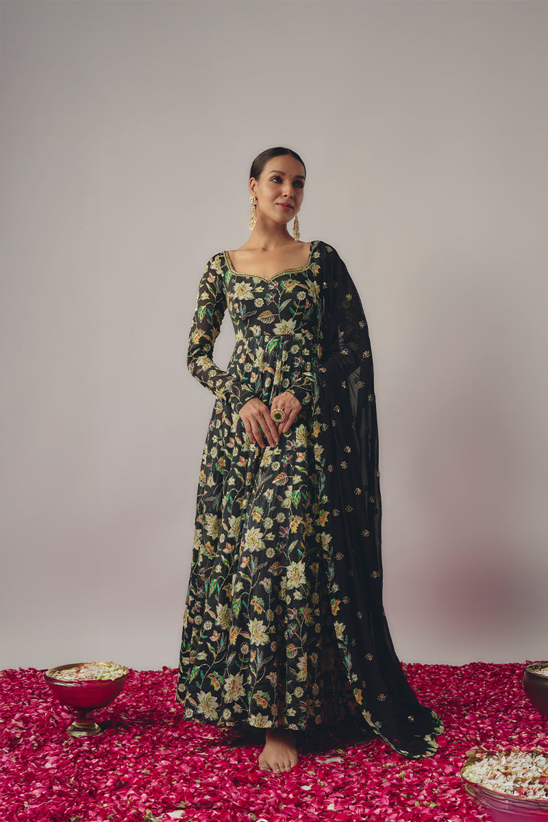 Black Floral Embroidered Anarkali Set