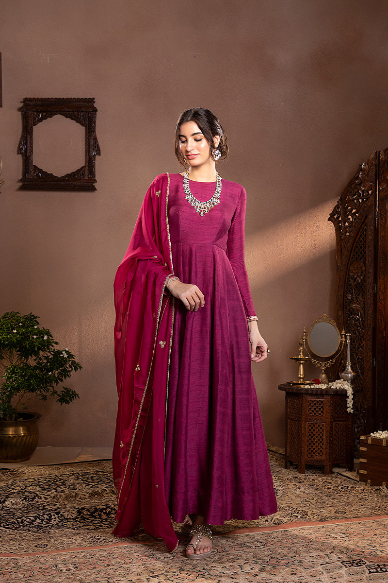 Wine Munga Silk Anarkali Set