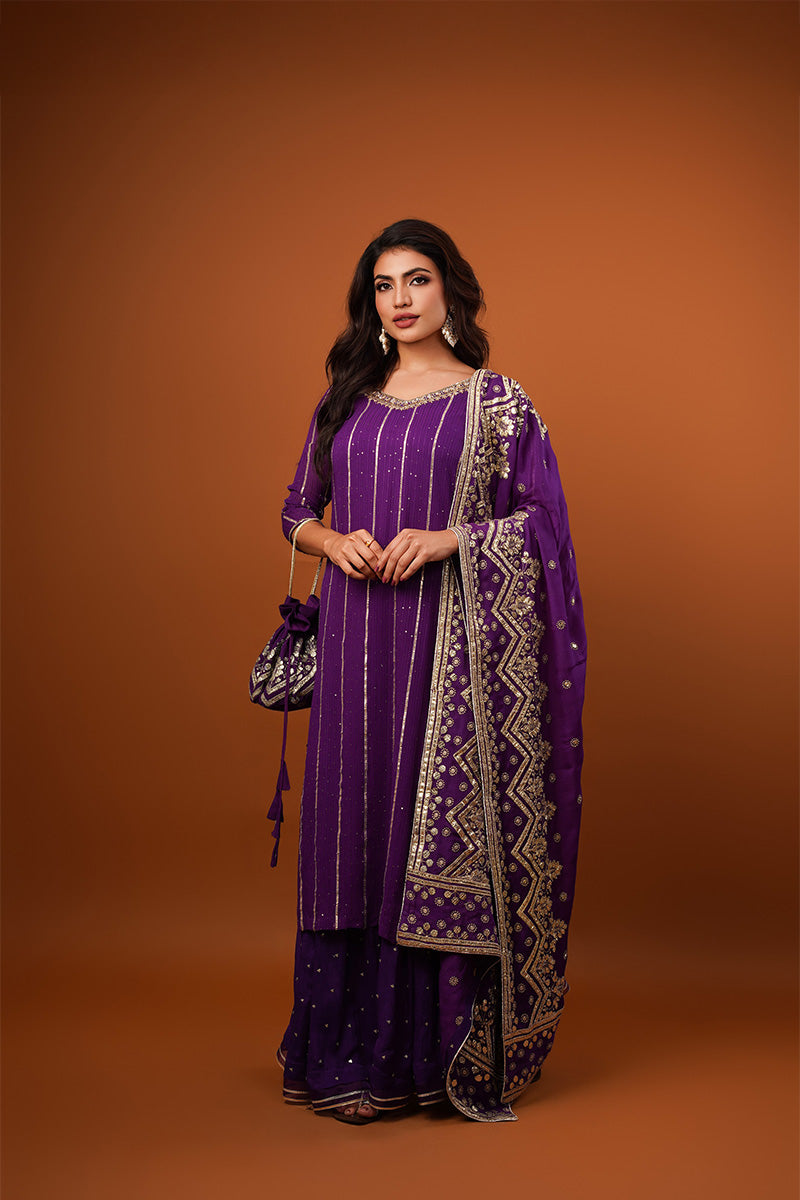 Purple Georgette Embroiderd Kurta Set