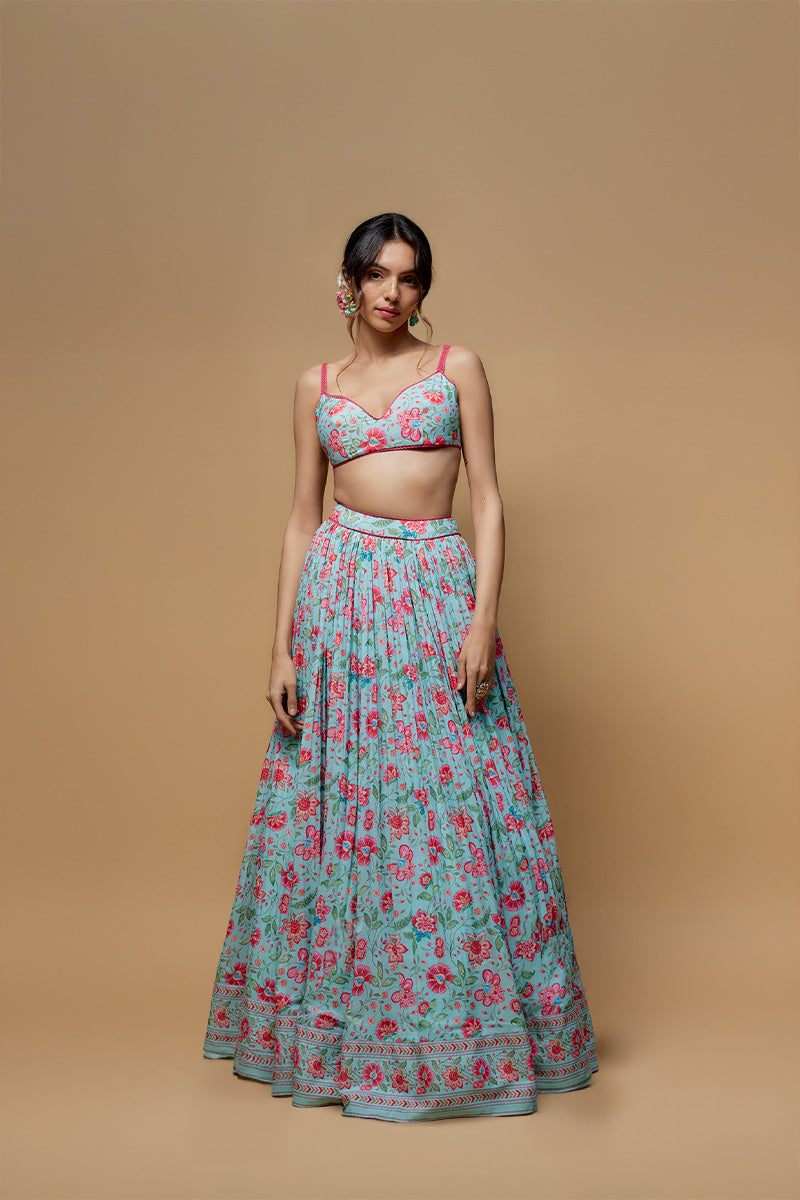 Sky Blue French Crepe Printed Lehenga Set
