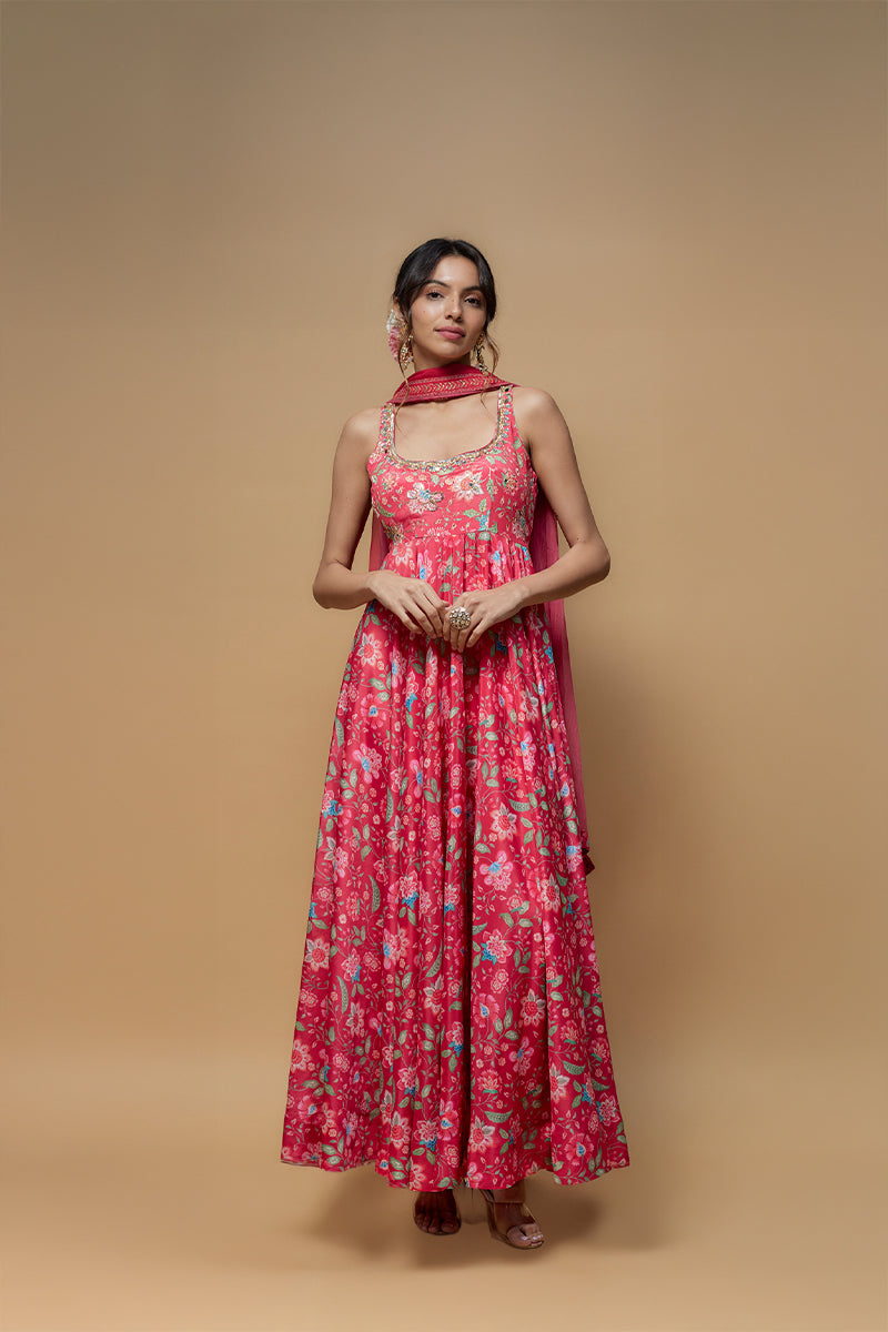 Pink French Crepe Printed Anarkali Set