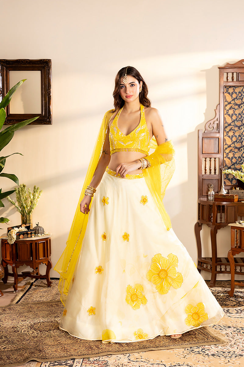 Yellow Floral Embroidered Lehenga
