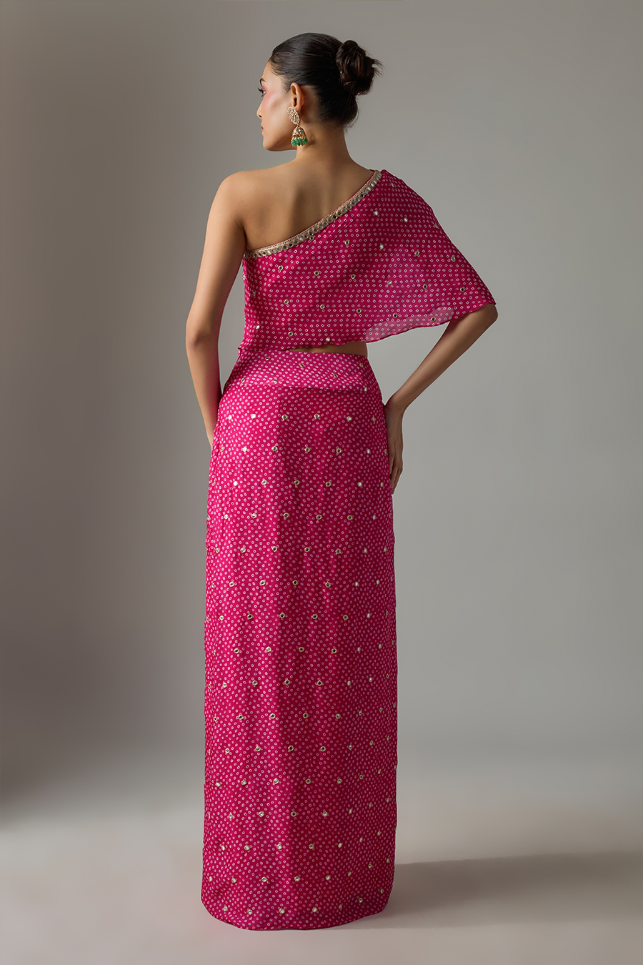 Fuchsia Pink Chinon Dhoti Skirt Set