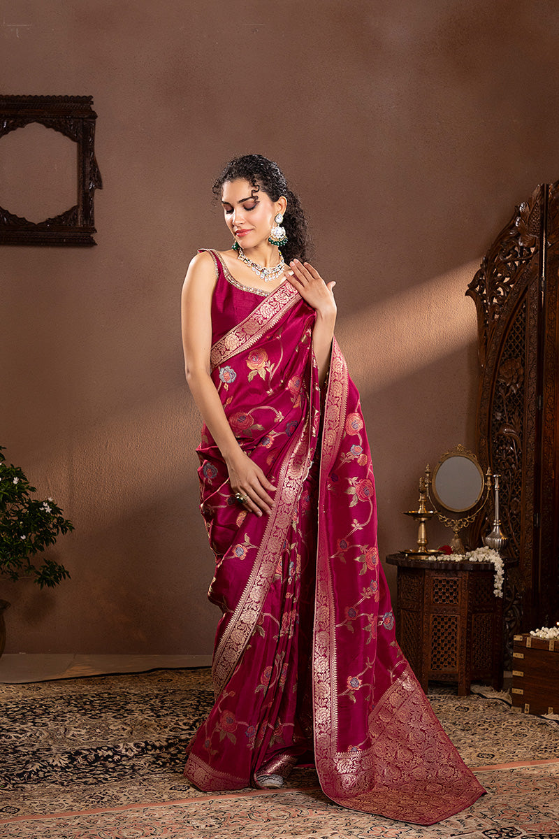 Wine Mina Zair Banarasi Silk Saree