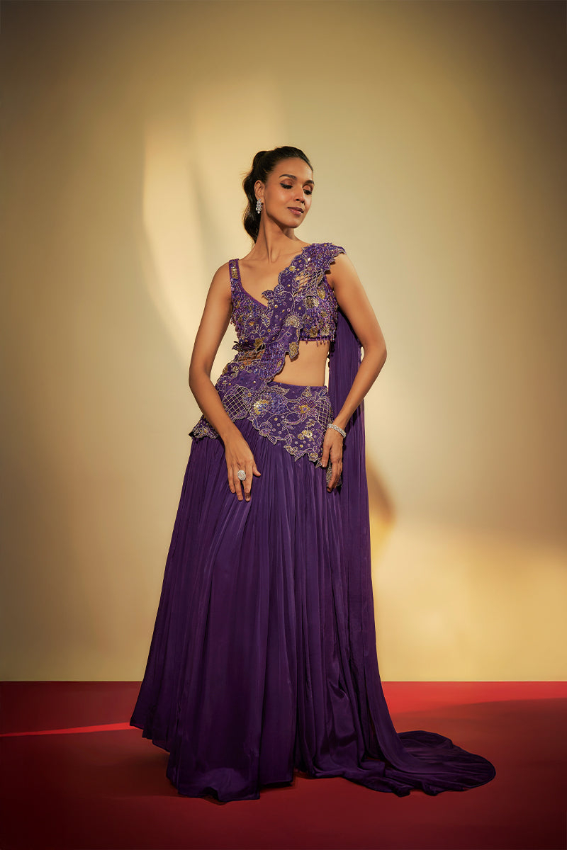 Purple Crepe Embroidered Lehenga Set