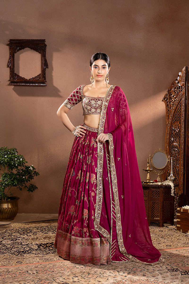 Wine Mina Zair Banarasi Silk Embroidered Lehenga