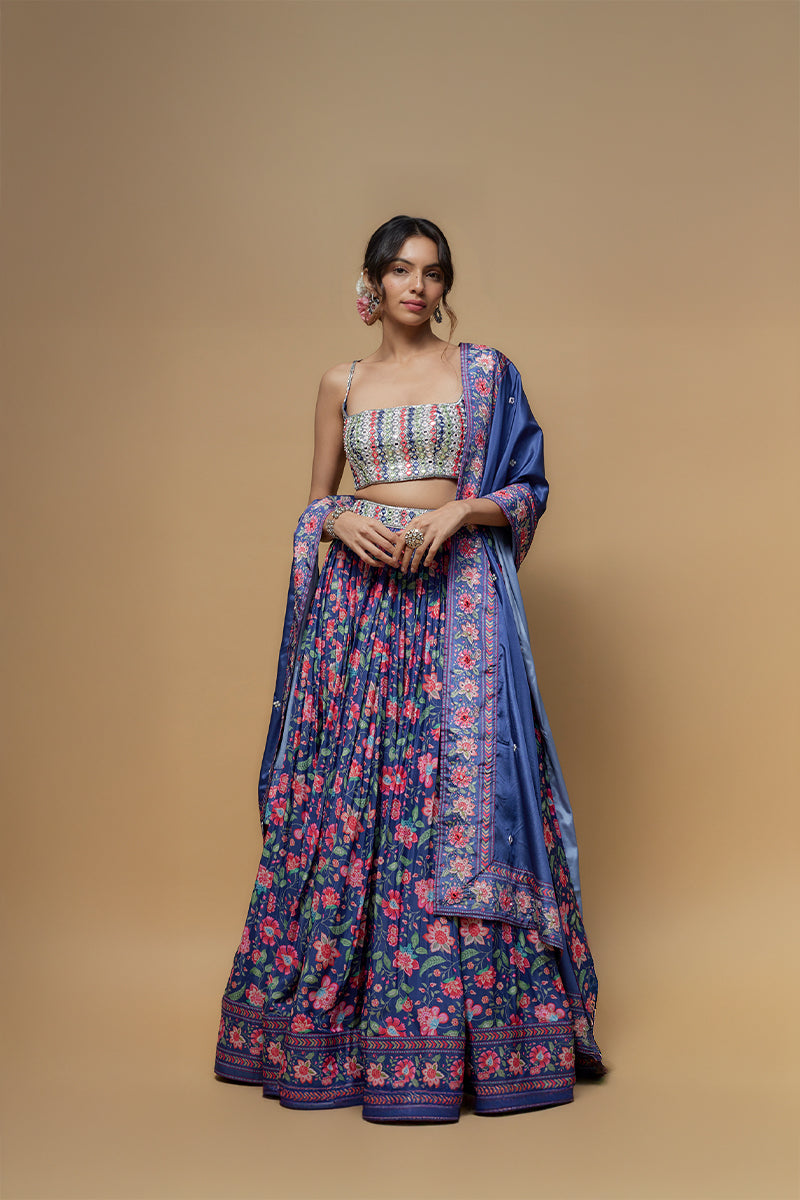 Blue French Crepe Lehenga Set
