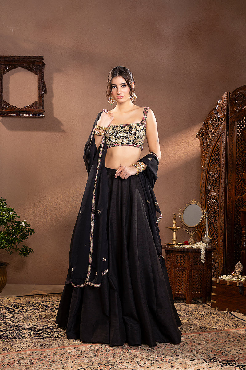 Black Munga Silk Lehenga Set