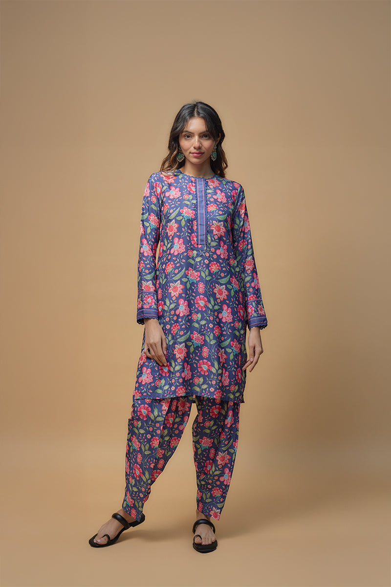 Blue French Crepe Printed Kurta Set