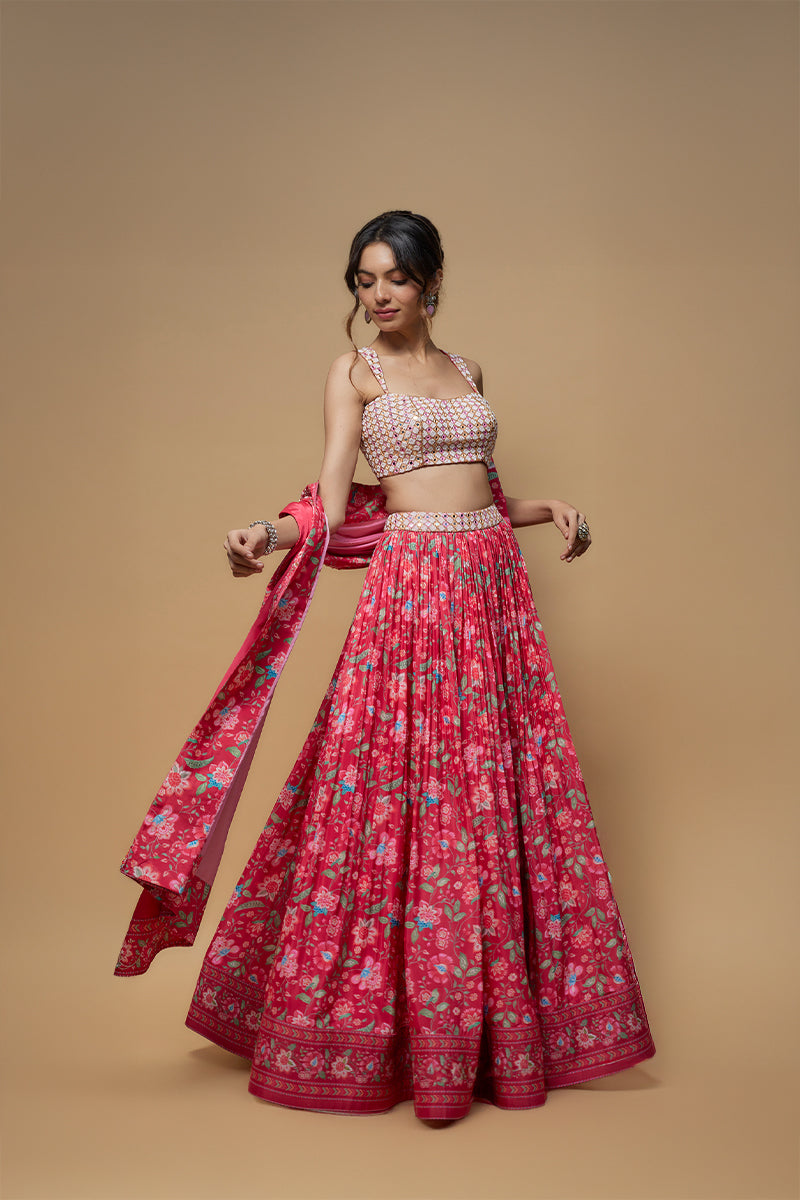 Bright Pink French Crepe Printed Lehenga Set