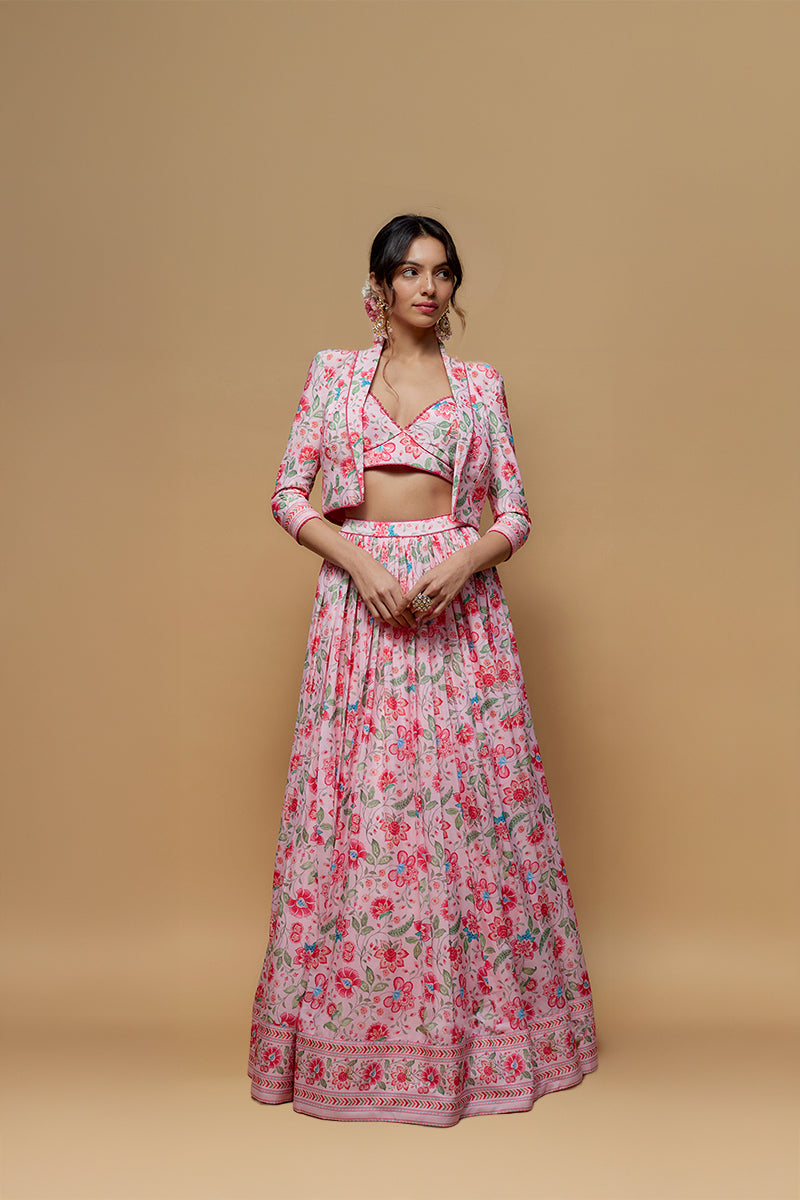 Baby Pink French Crepe Printed Jacket Lehenga Set