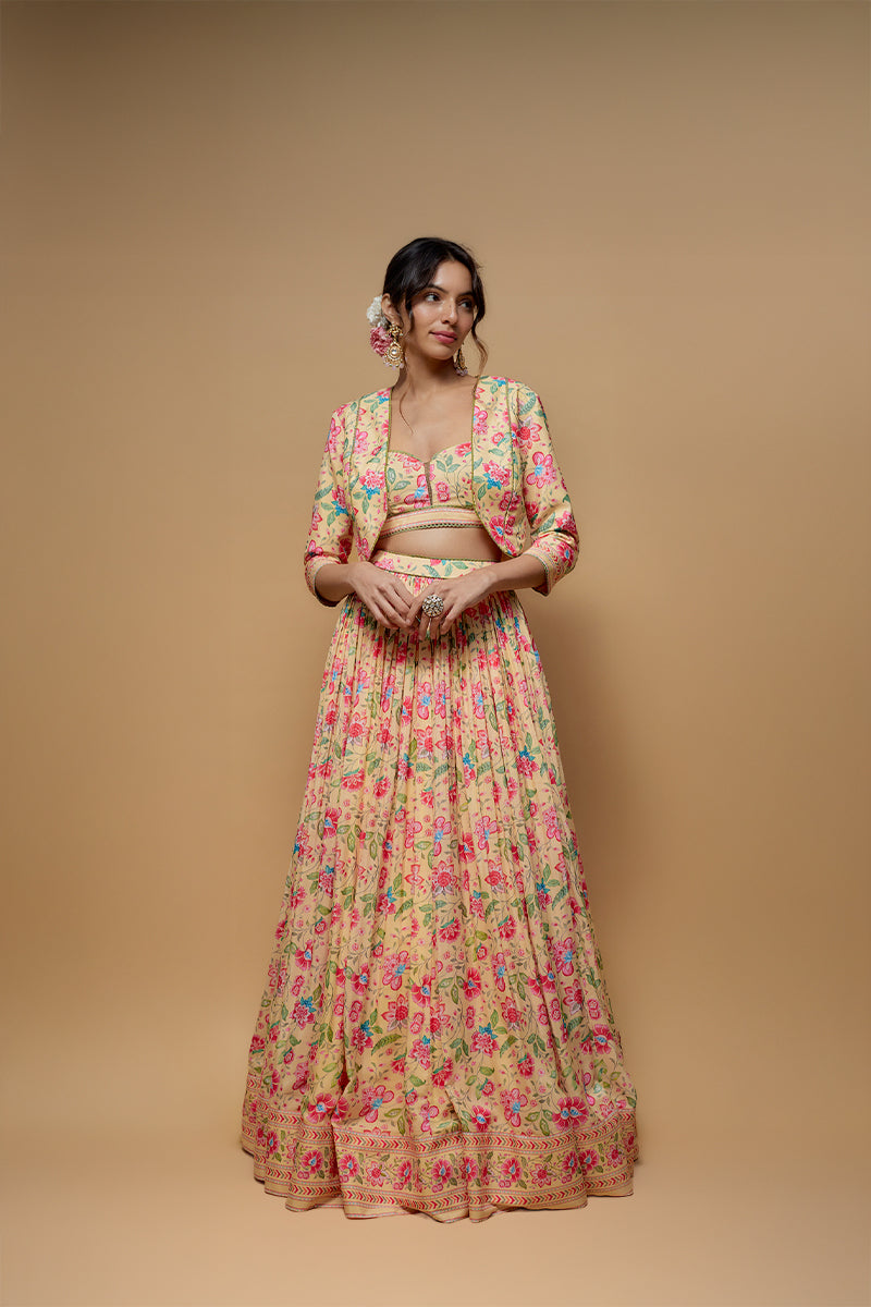 Light Yellow French Crepe Printed Jacket Lehenga Set