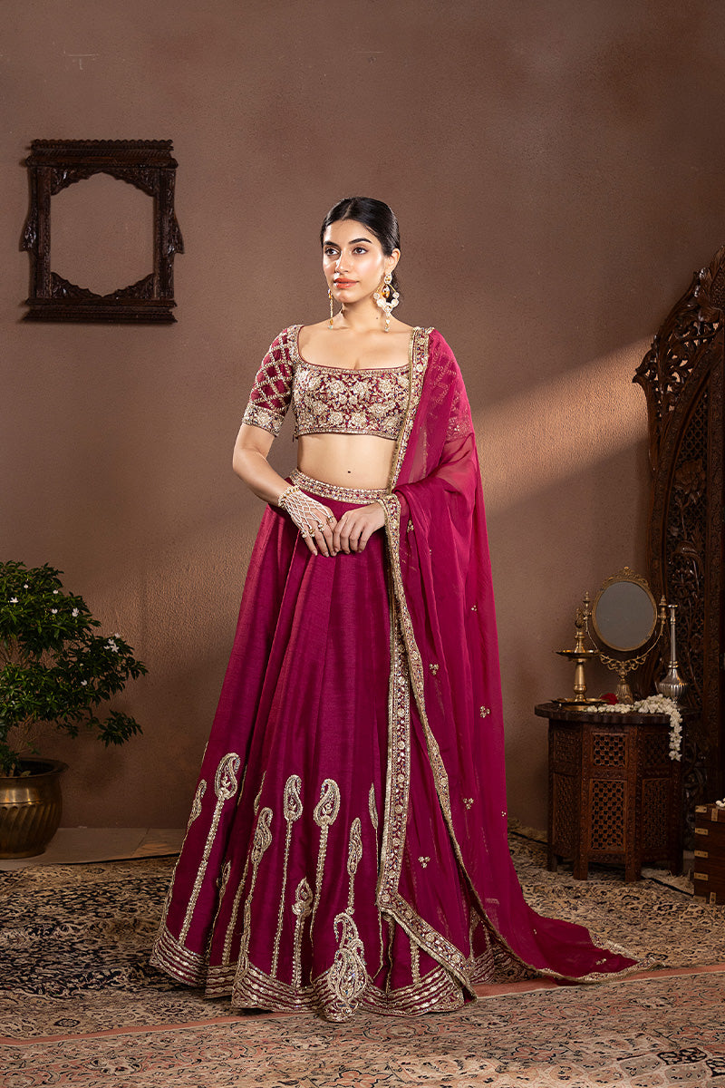 Wine Munga Silk Embroidered Lehenga