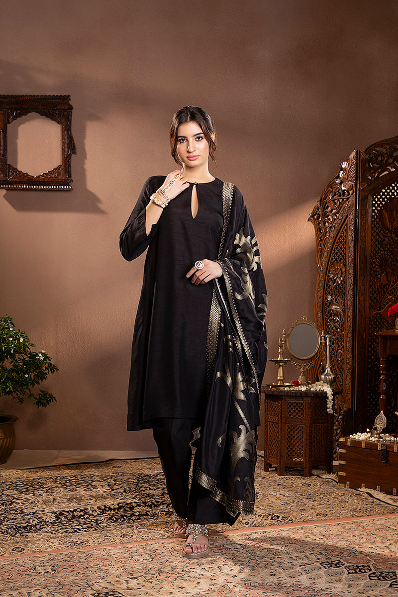 Black Munga Silk Floral Kurta Set