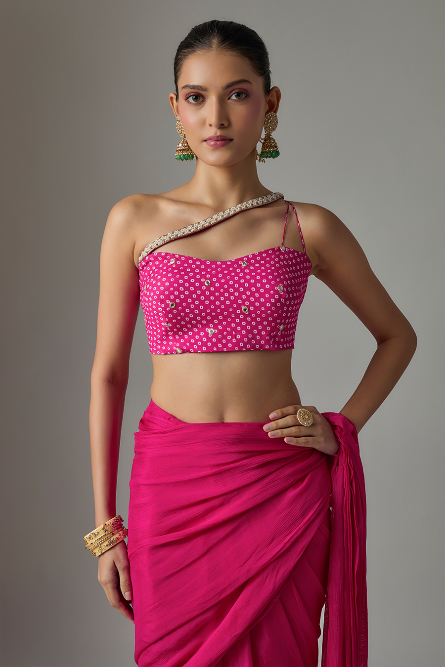 Pink Draped Chinon Saree Set