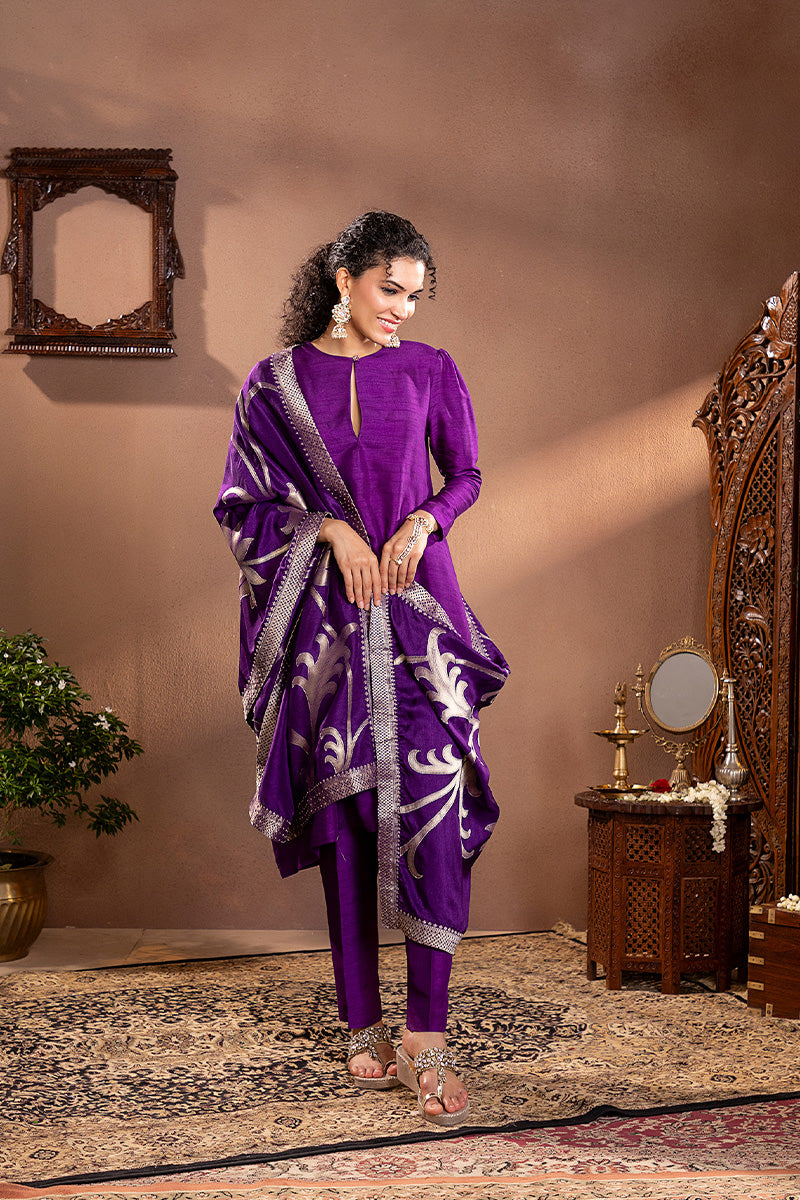 Purple Munga Silk Kurta Set 