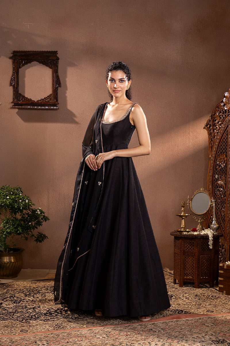 Black Munga Silk Anarkali Set 