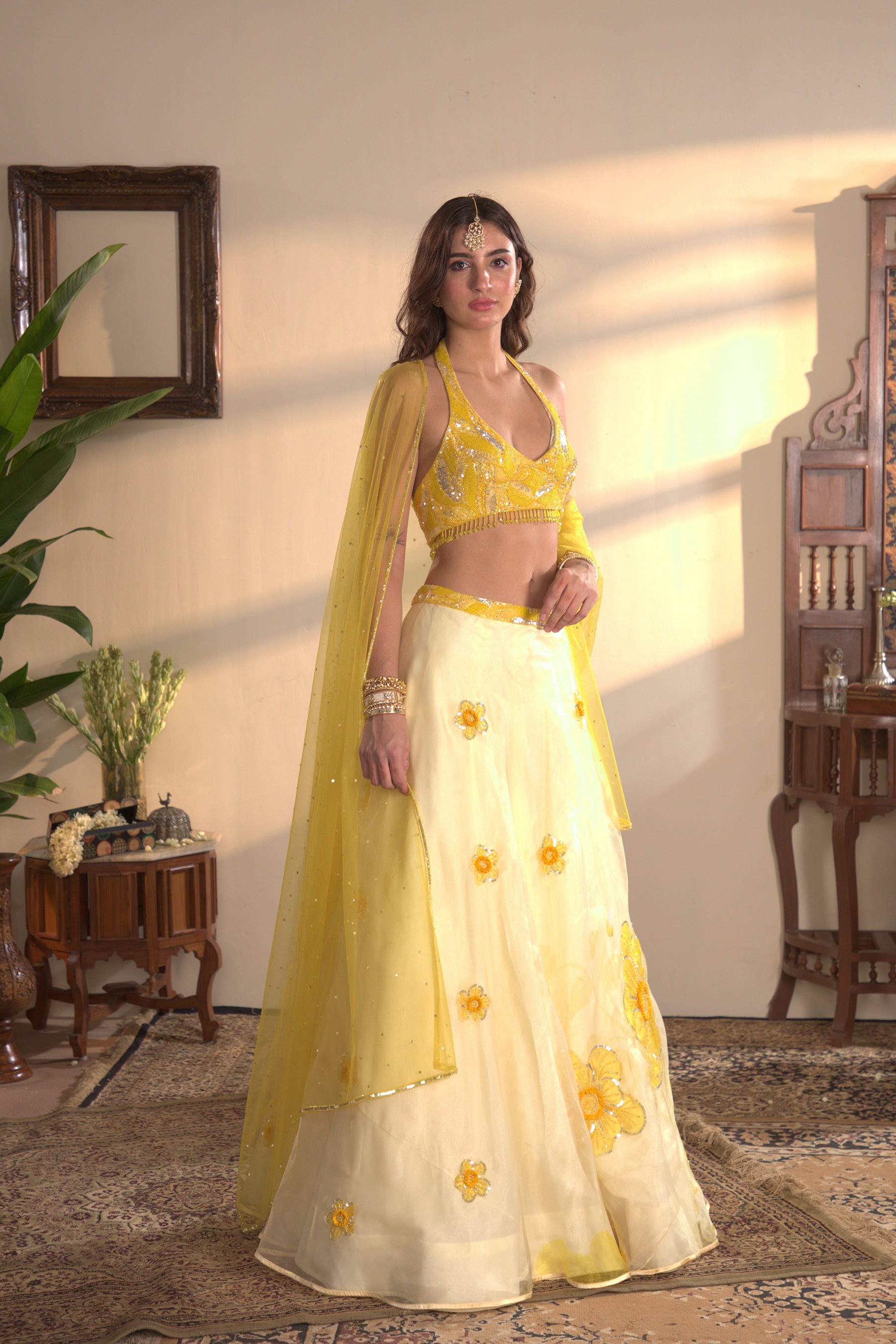 yellow Floral Embroidered Lehenga