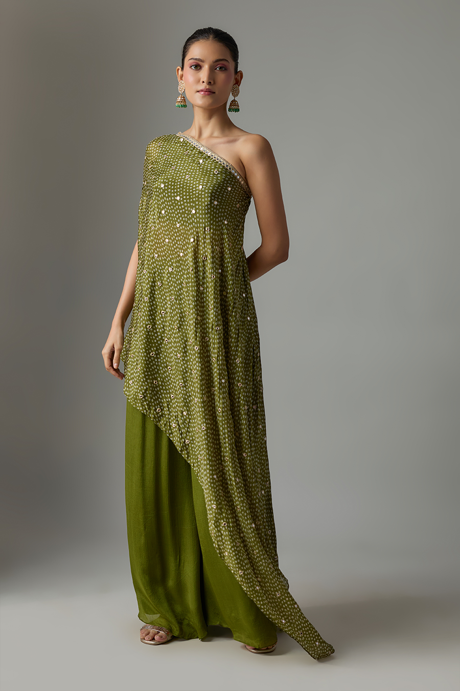 Mehendi Green Chinon Embroidered Palazzo Set