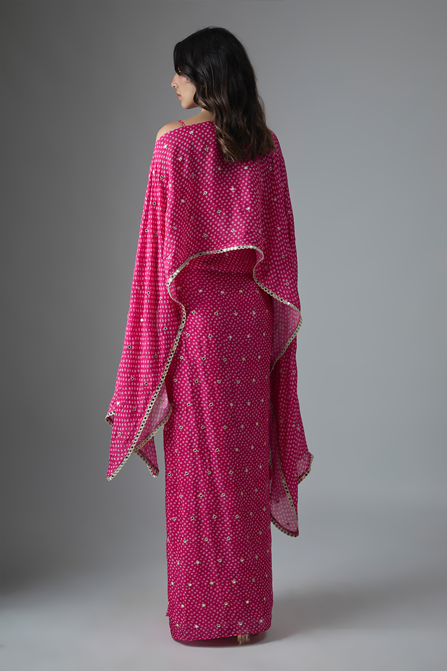 Pink Bandhani Printed Embroidered Cape & Skirt Set