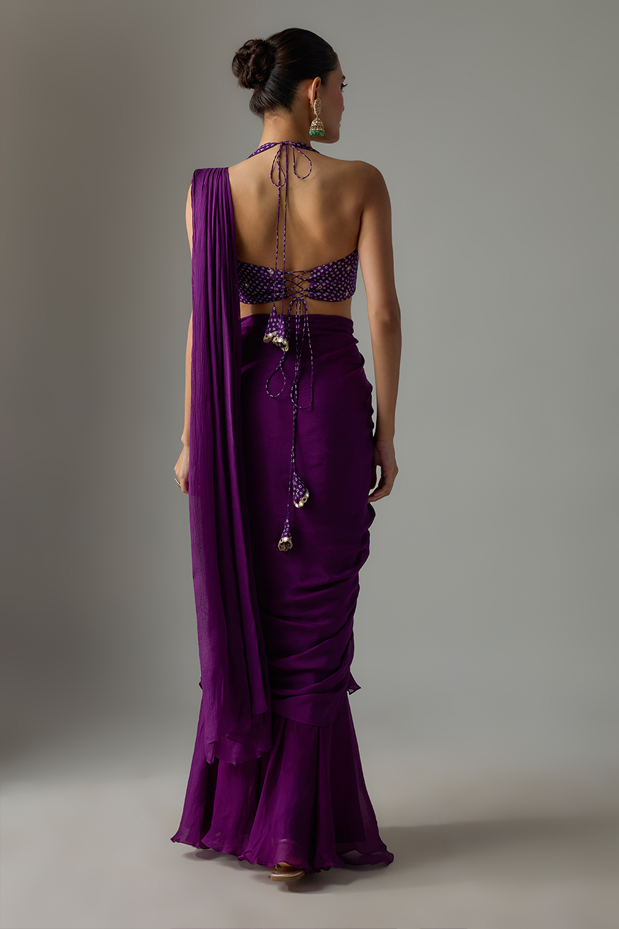 Purple Draped Chinon Saree Set