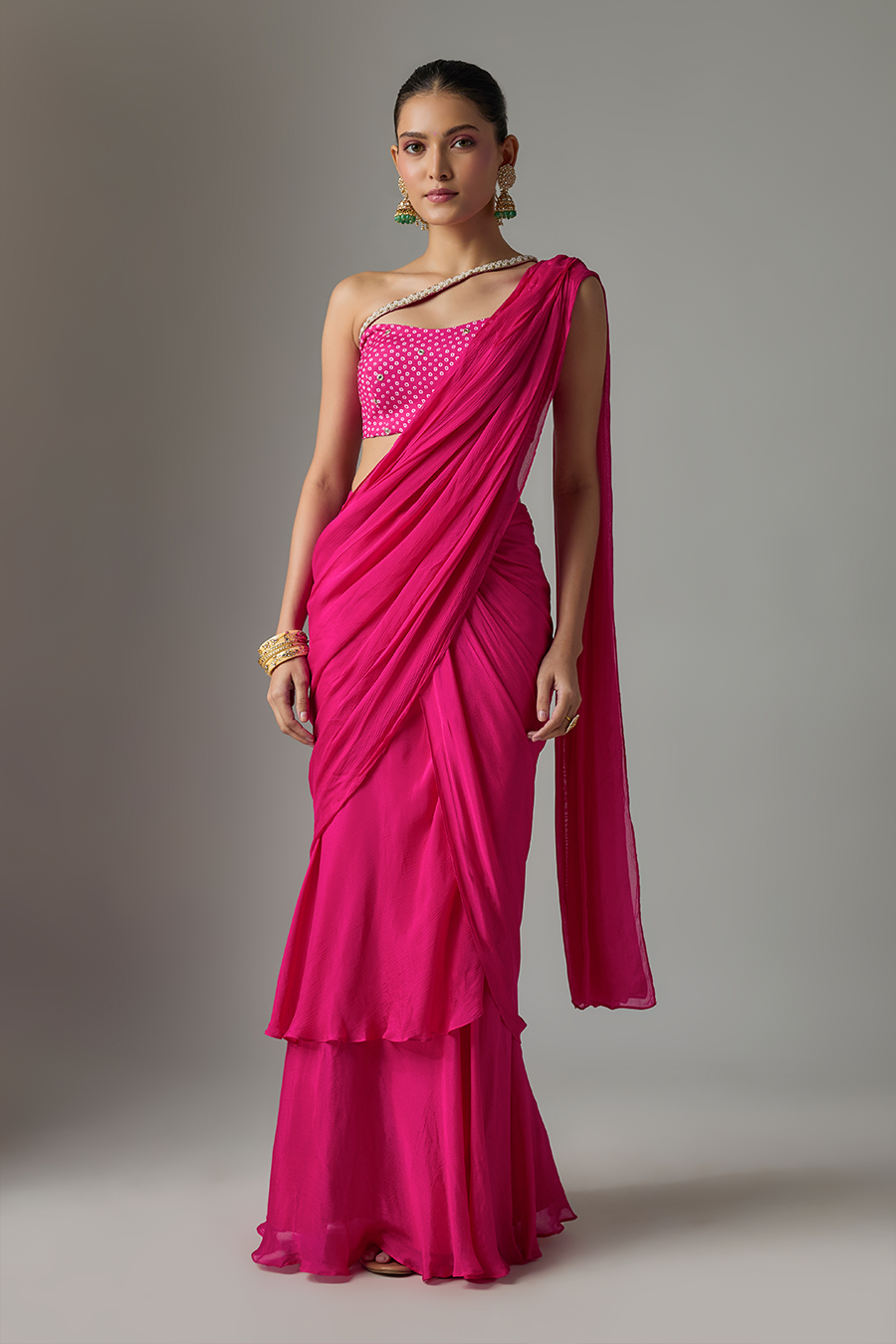 Pink Draped Chinon Saree Set
