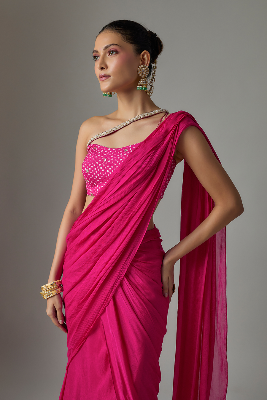 Pink Draped Chinon Saree Set